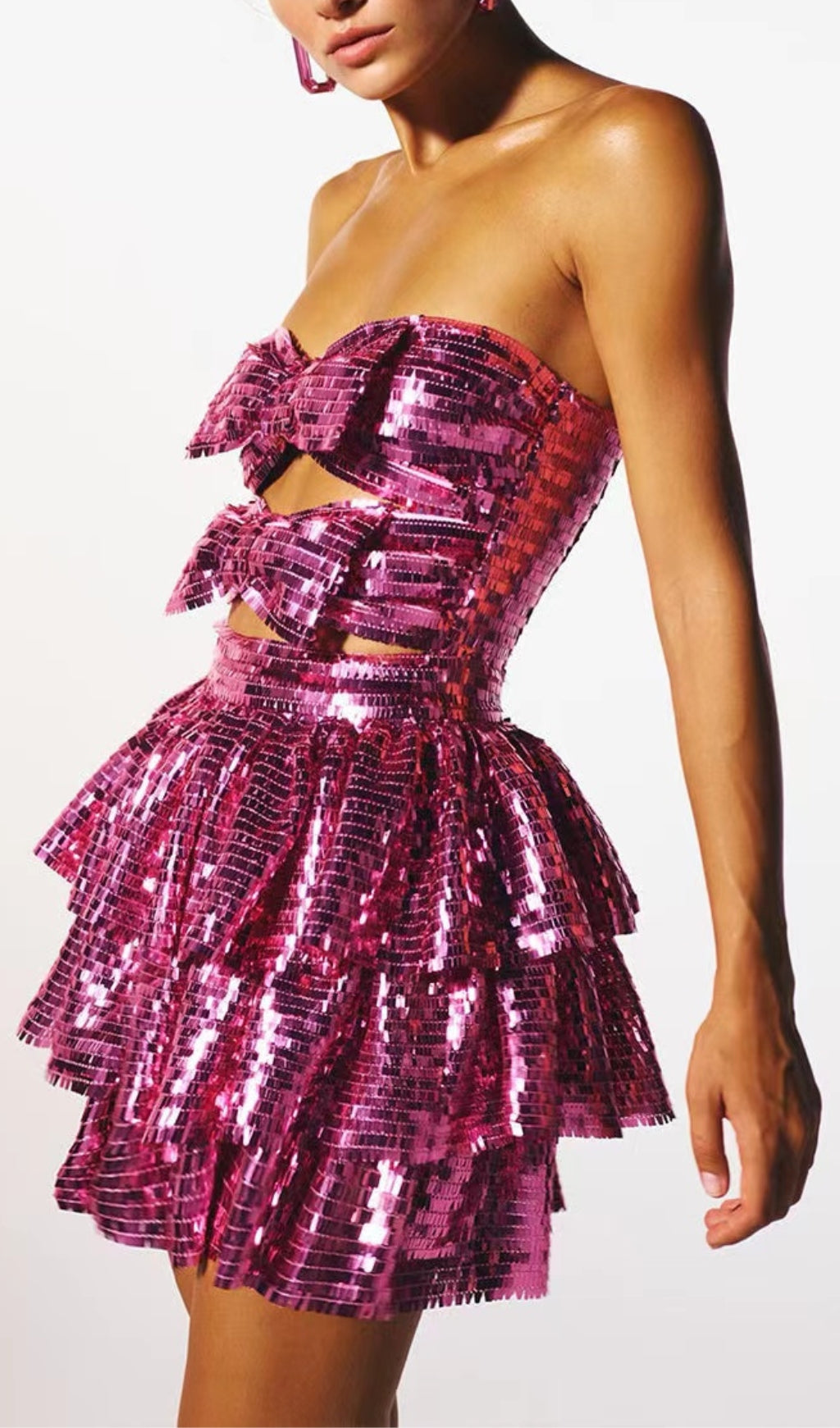 SEQUIN CUT OUT BOW MINI DRESS IN HOT PINK