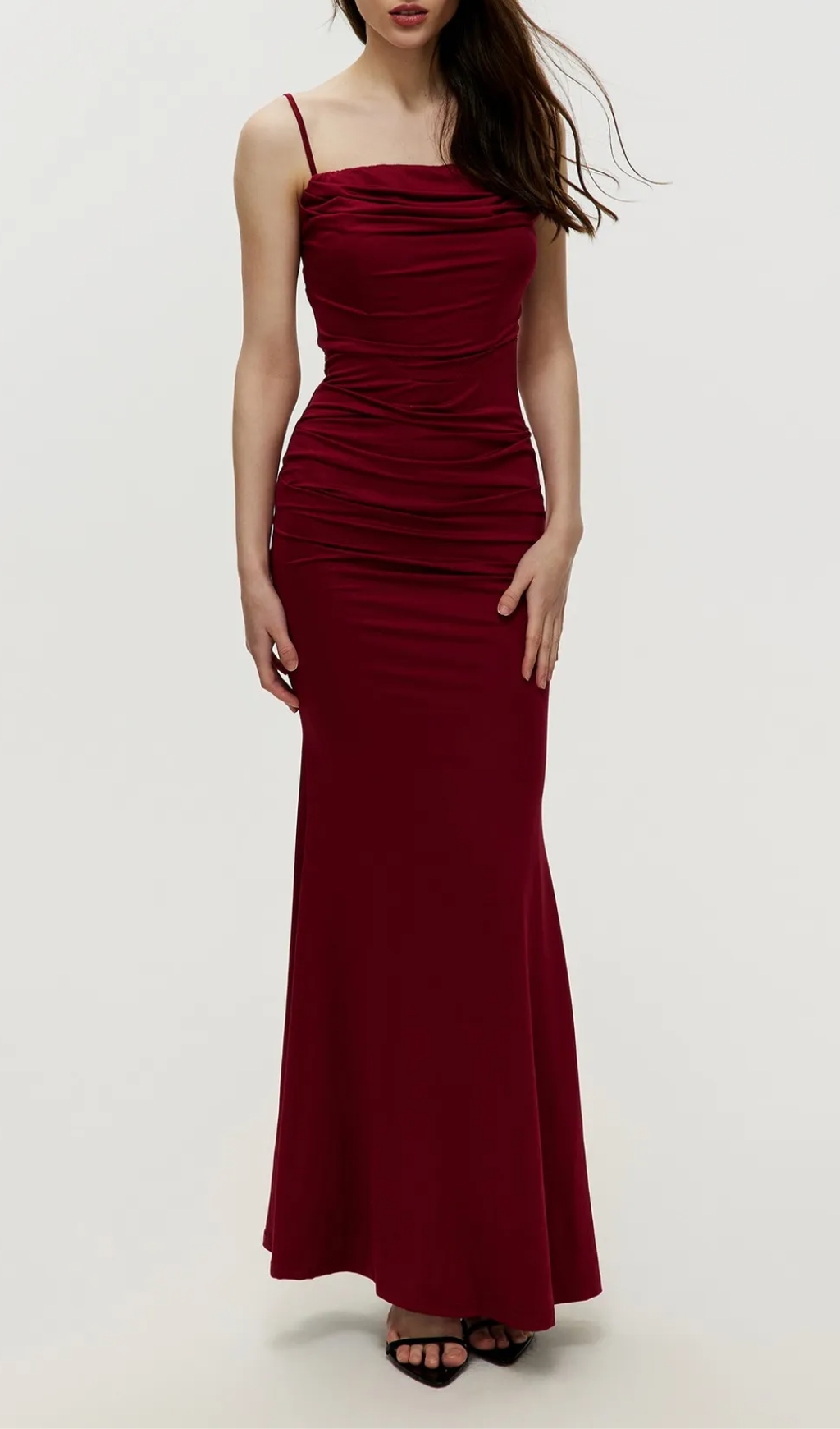 Maxi Gathered Cami Dress in wine red
