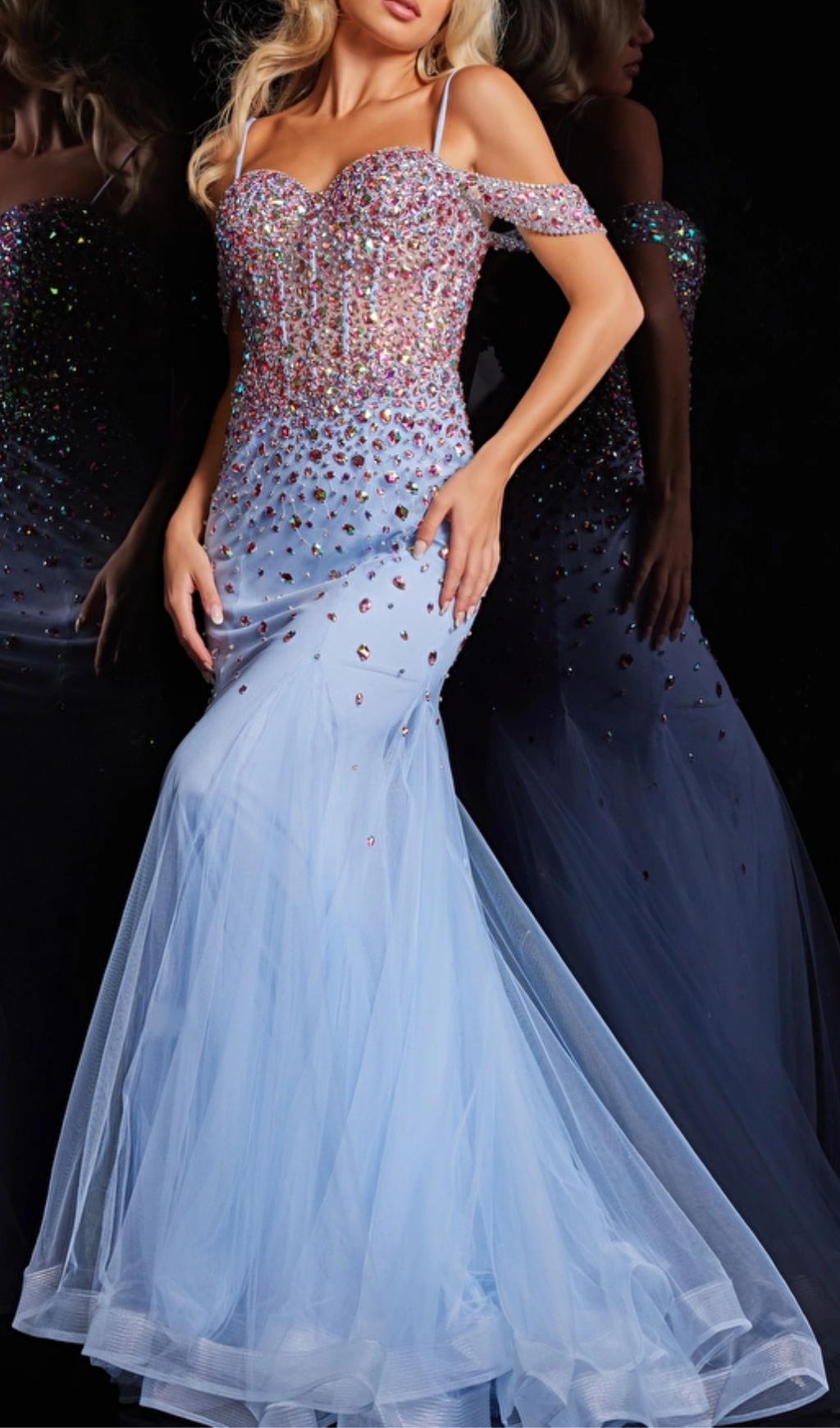 Light Blue Mermaid Long Beaded Dress