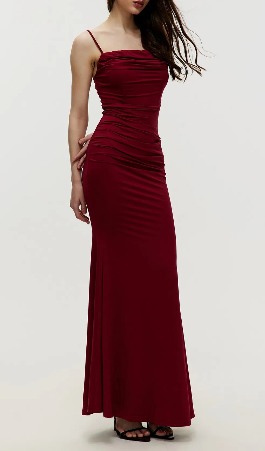 Maxi Gathered Cami Dress in wine red
