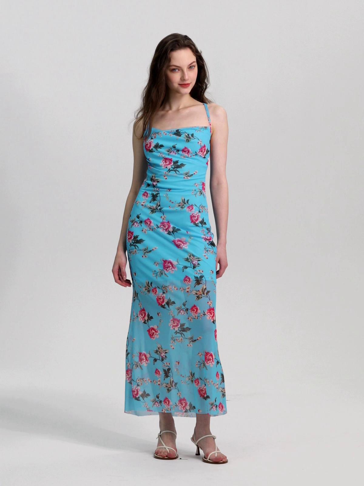 Long Gathered Sheer Cami Dress in Blue