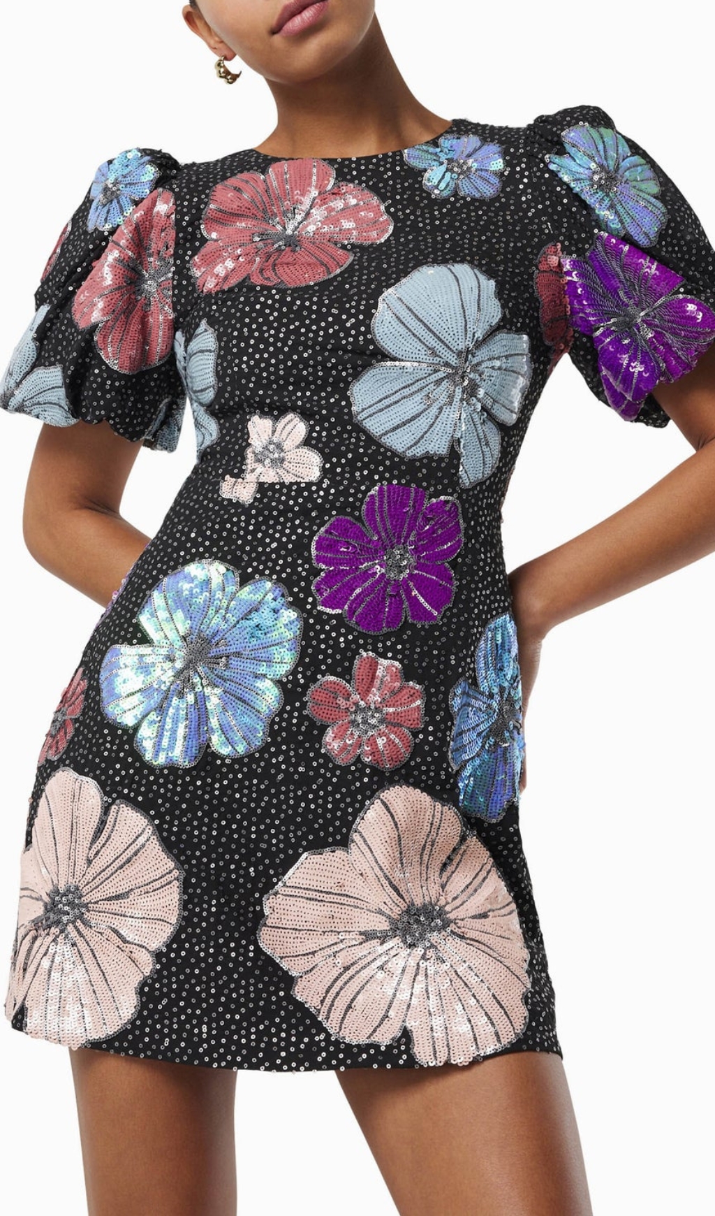 EMBELLISHED PUFF SLEEVE FLOWER MINI DRESS