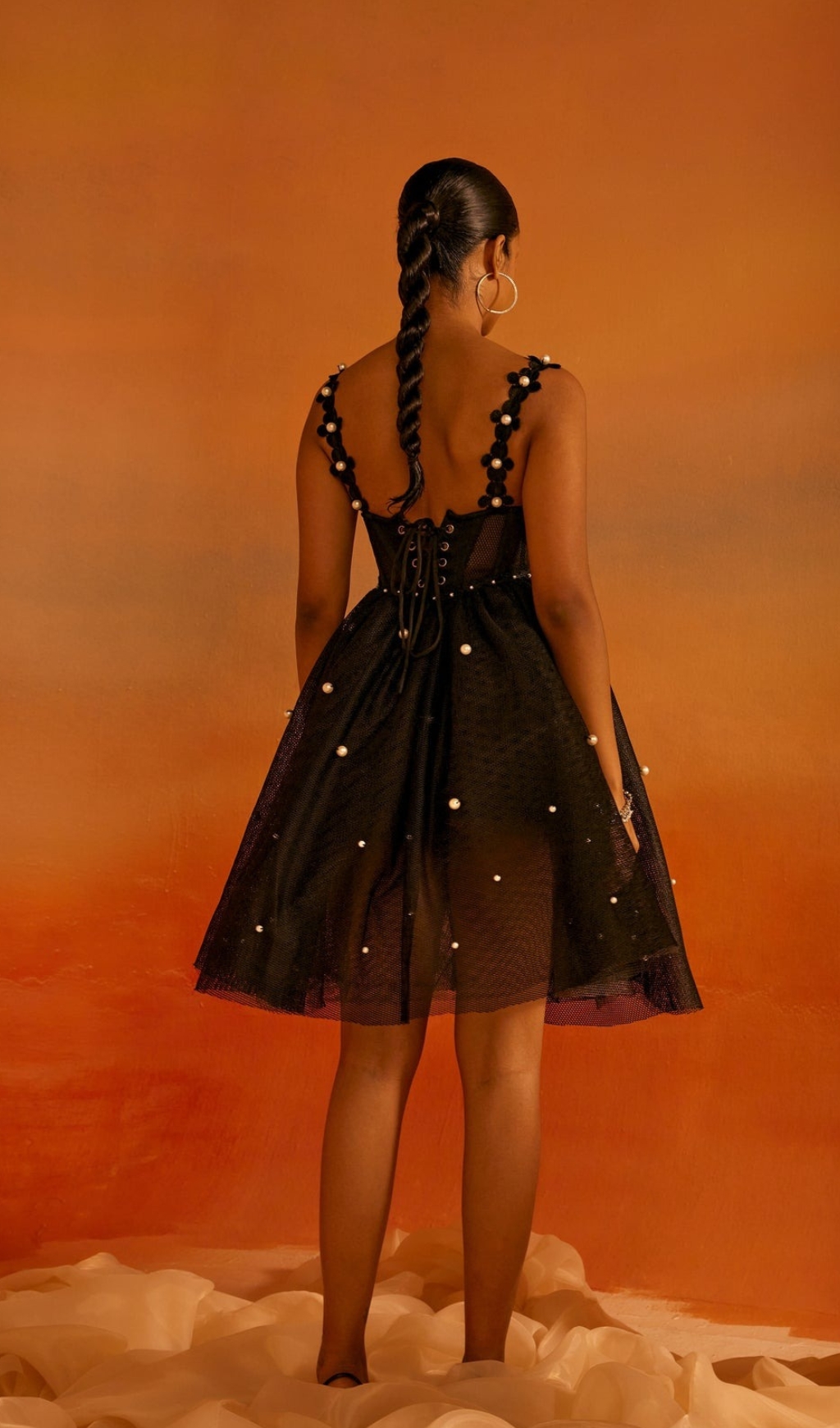 BLACK MESH + PEARL HAND EMBROIDERED BUSTIER DRESS