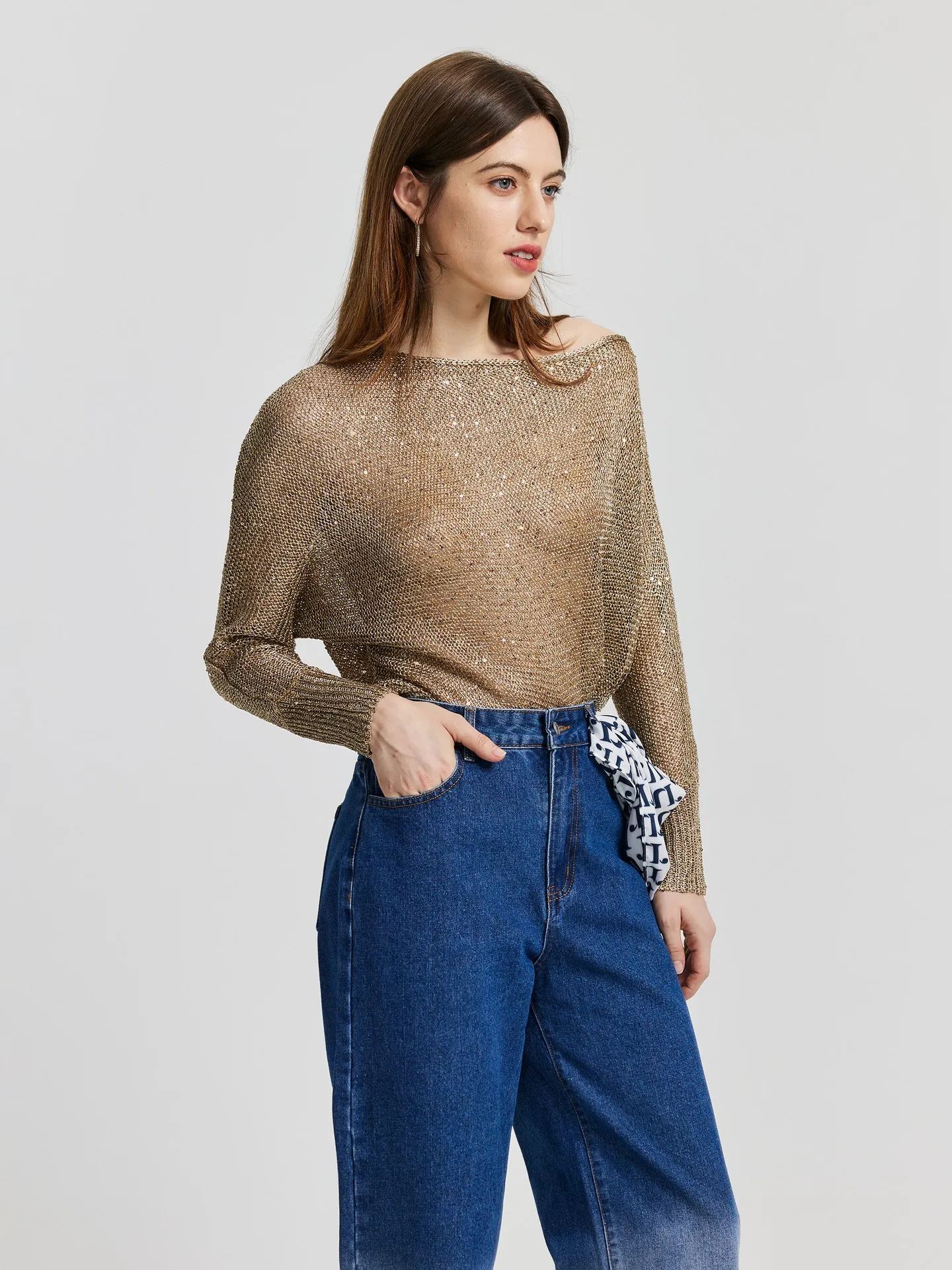 Sequinned Knit Pullover IN Khaki