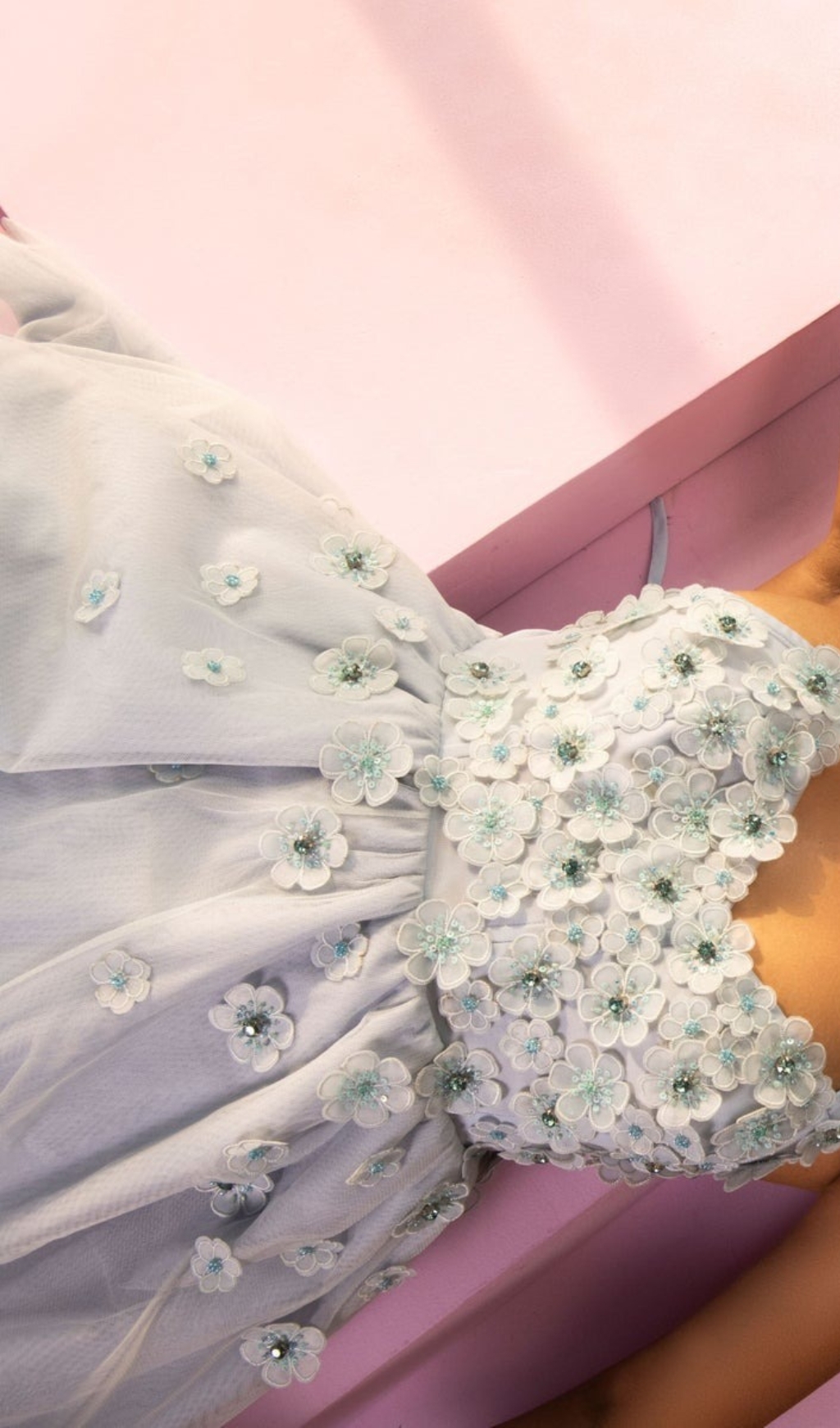 BABY BLUE 3-D FLOWER EMBROIDERED CORSET DRESS