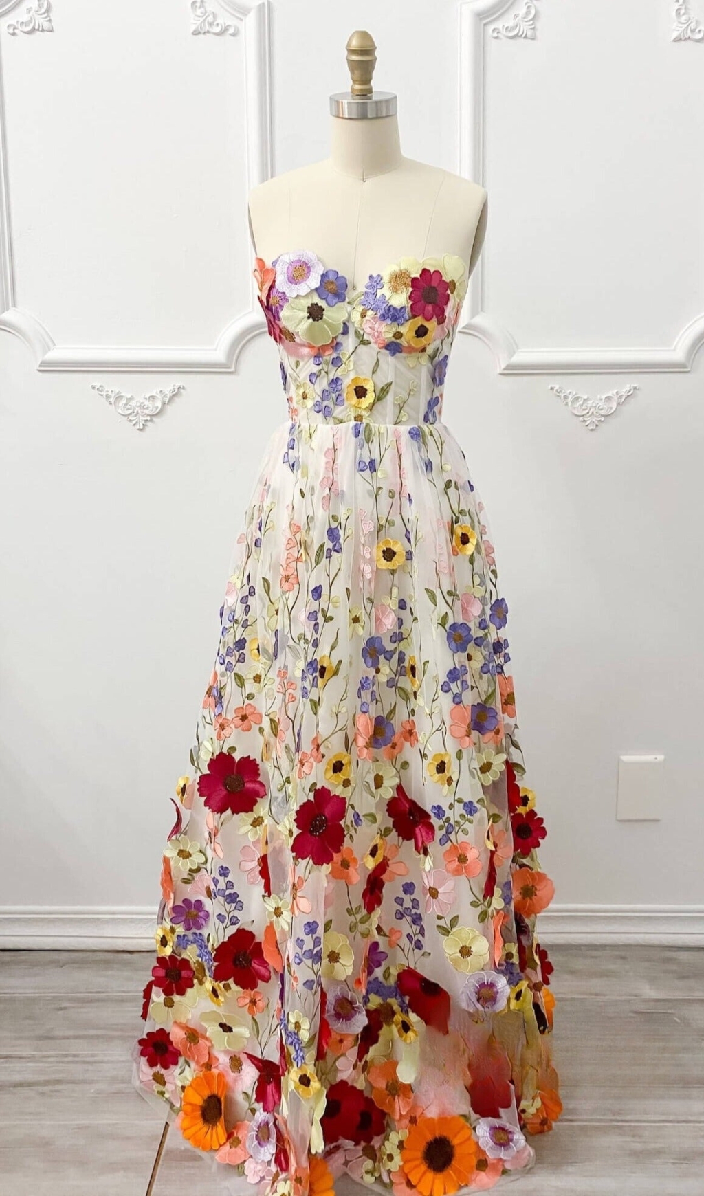 Strapless Multi-Color 3D Flower Prom Dress