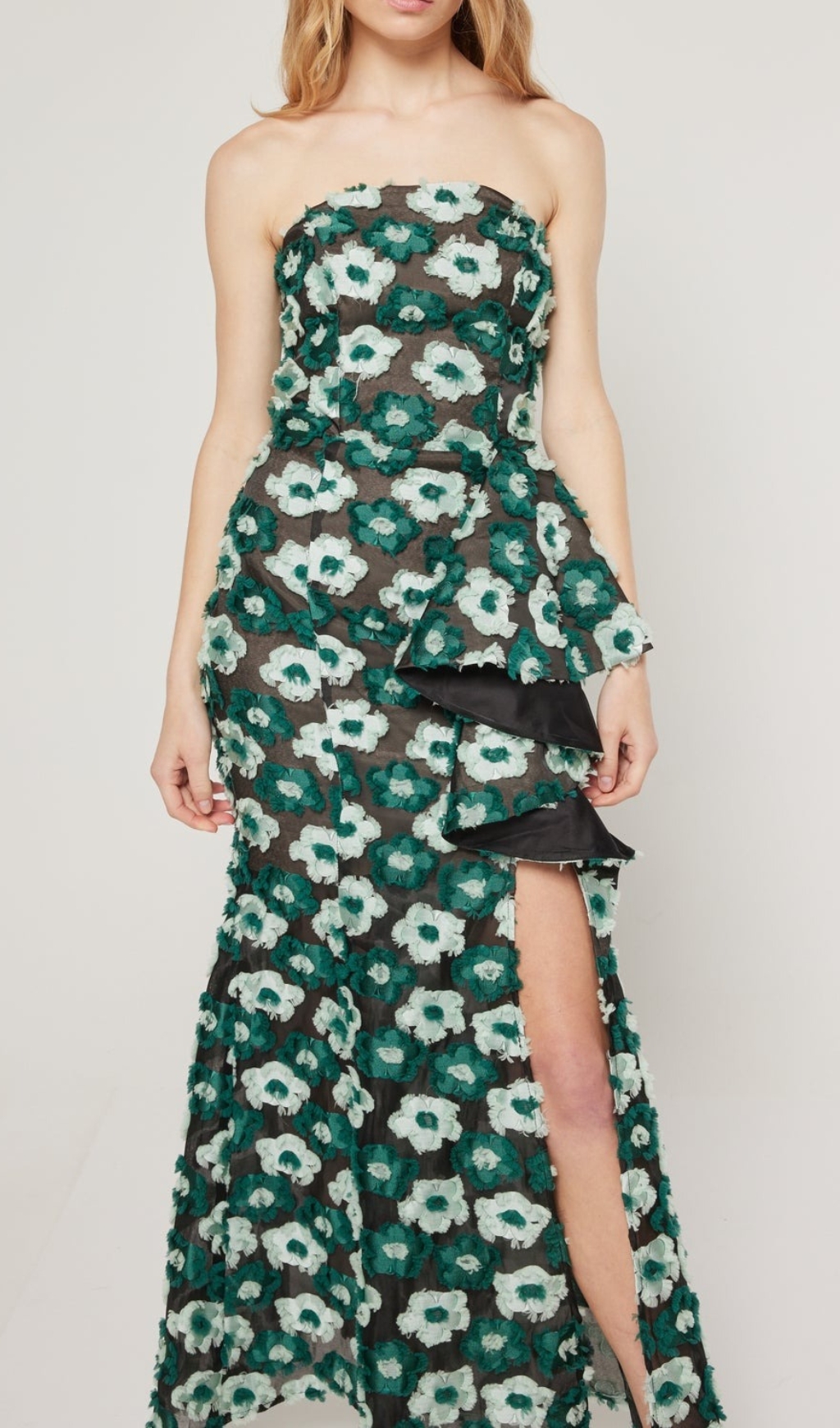GREEN STRAPLESS FLOWER MAXI DRESS