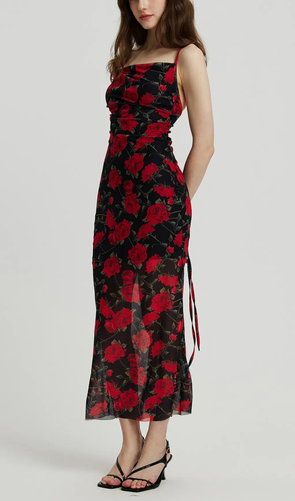 Long Gathered Sheer Cami Dress in Red