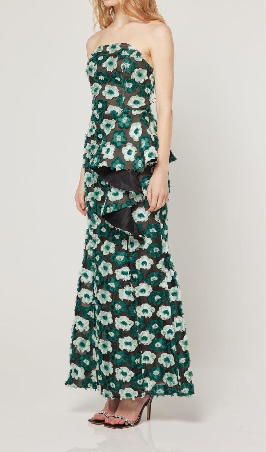 GREEN STRAPLESS FLOWER MAXI DRESS