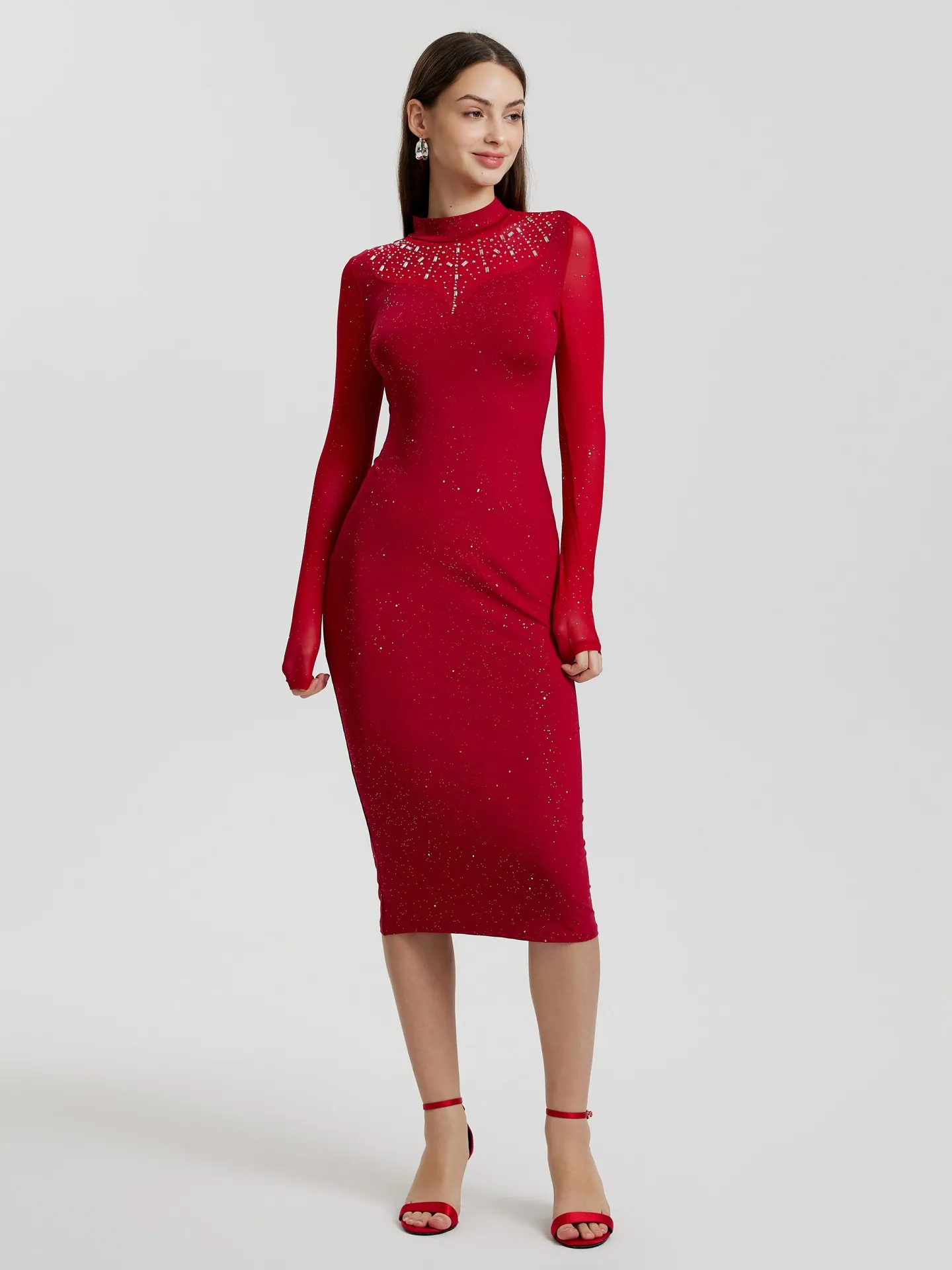 Sheer Bodycon Dress In Burgundy