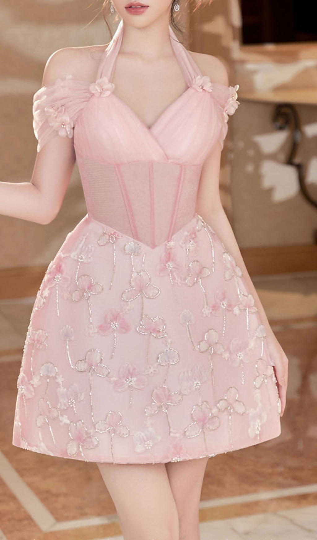 FLOWER JACQUARD HALTER MINI DRESS IN PINK