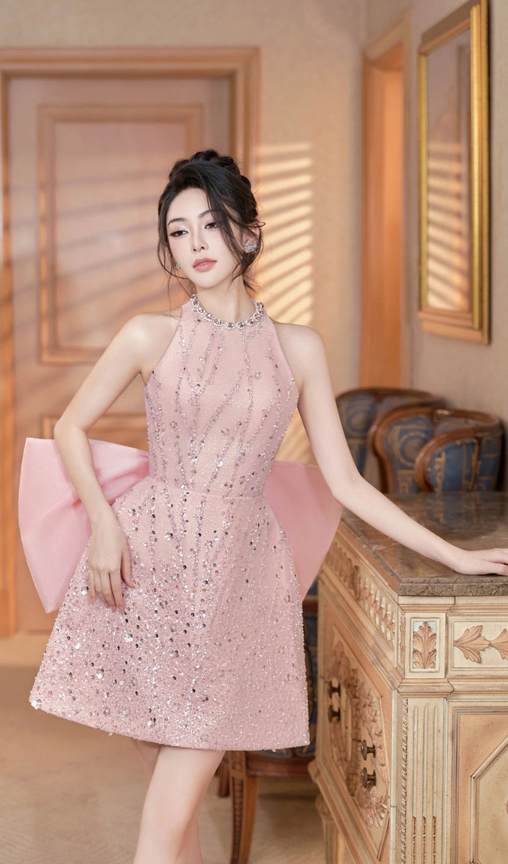 PINK BOW CRYSTAL MINI DRESS