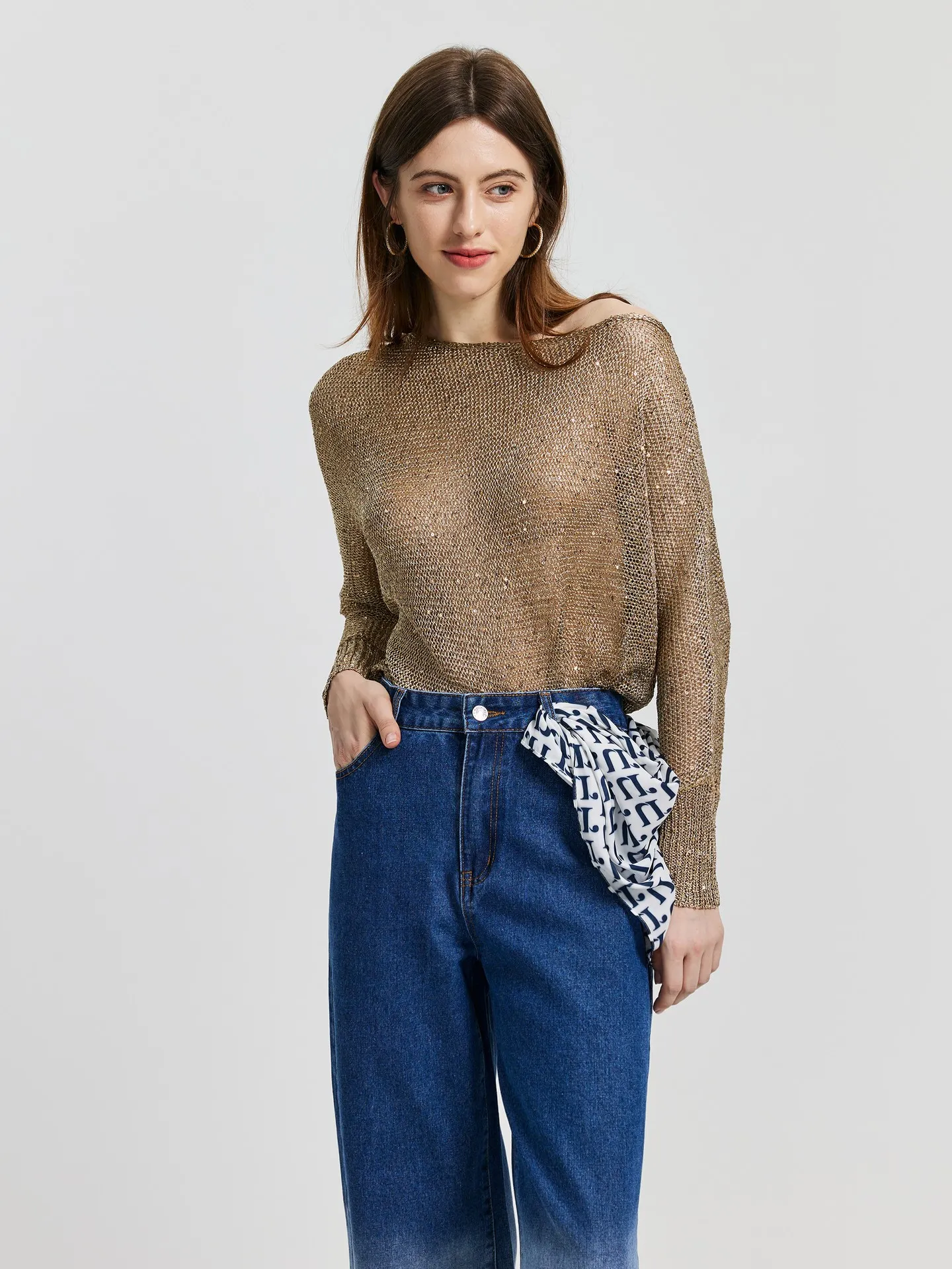 Sequinned Knit Pullover IN Khaki