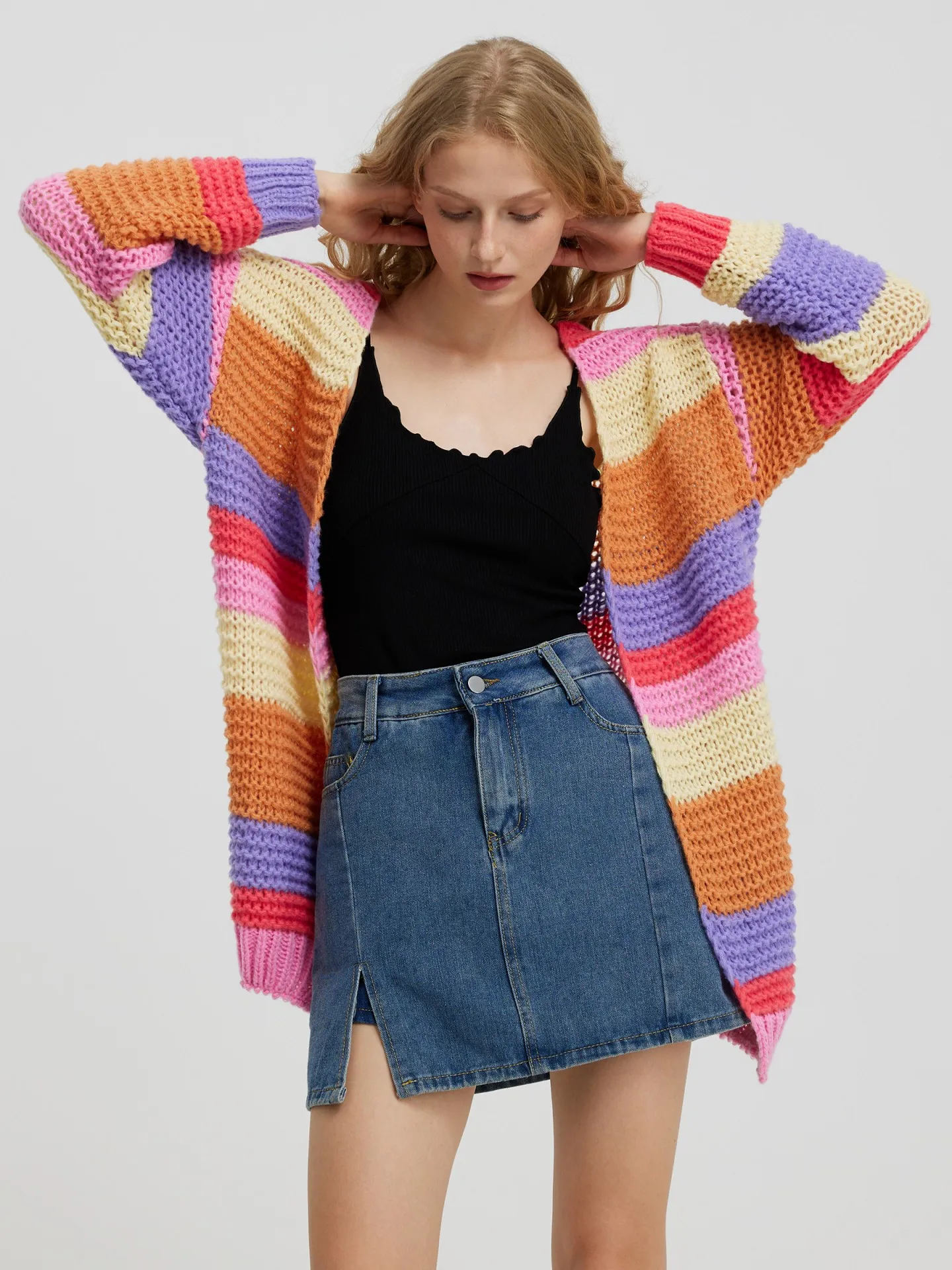 Rainbow Striped Crochet Cardigan in Multicolor