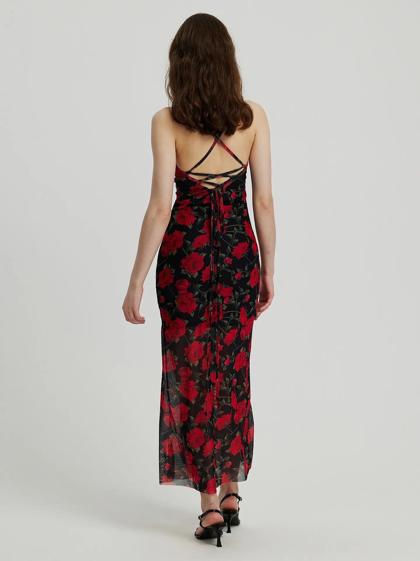 Long Gathered Sheer Cami Dress in Red