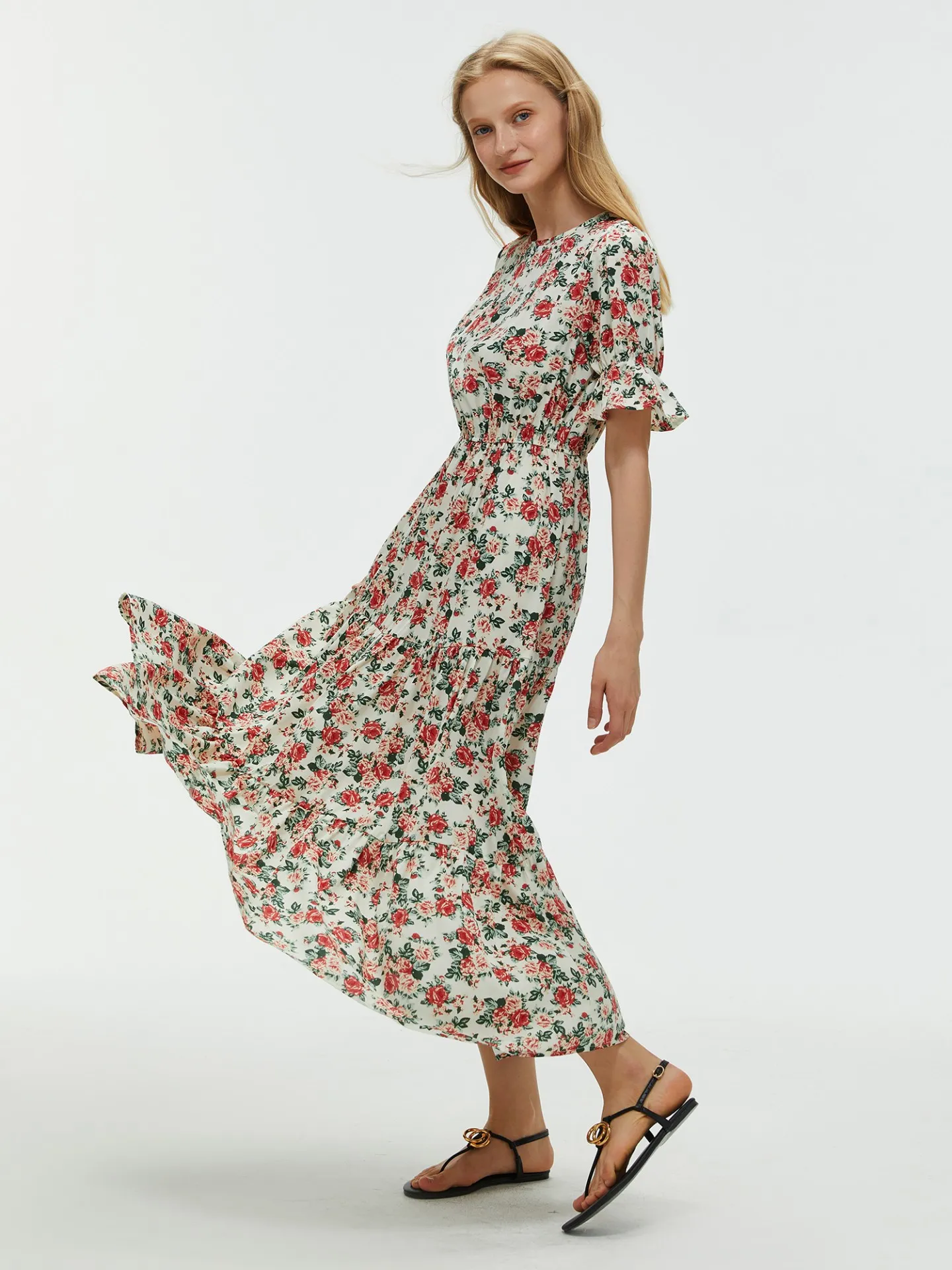 Floral Print Ruffled Long Dress in White-Red