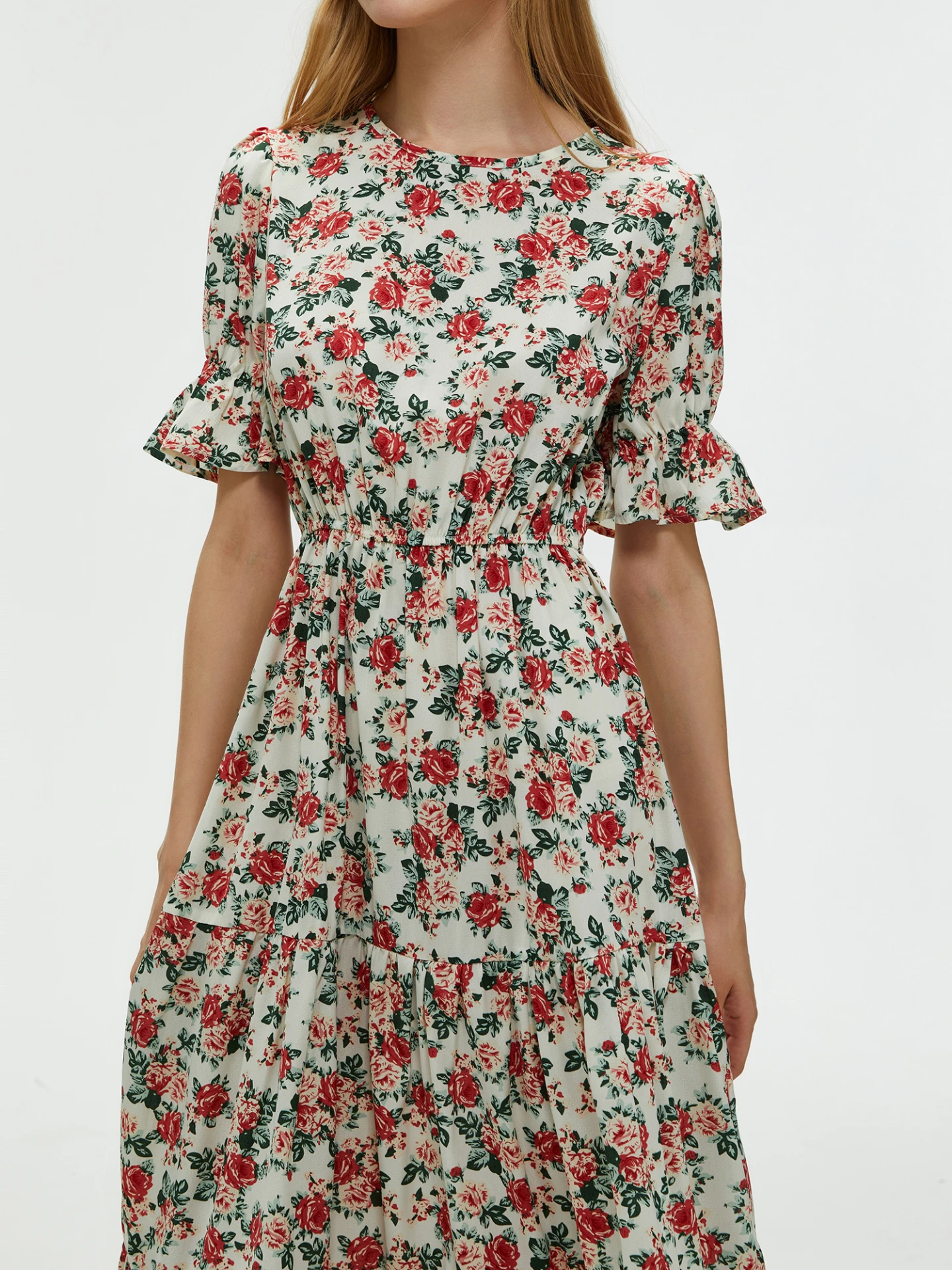 Floral Print Ruffled Long Dress in White-Red