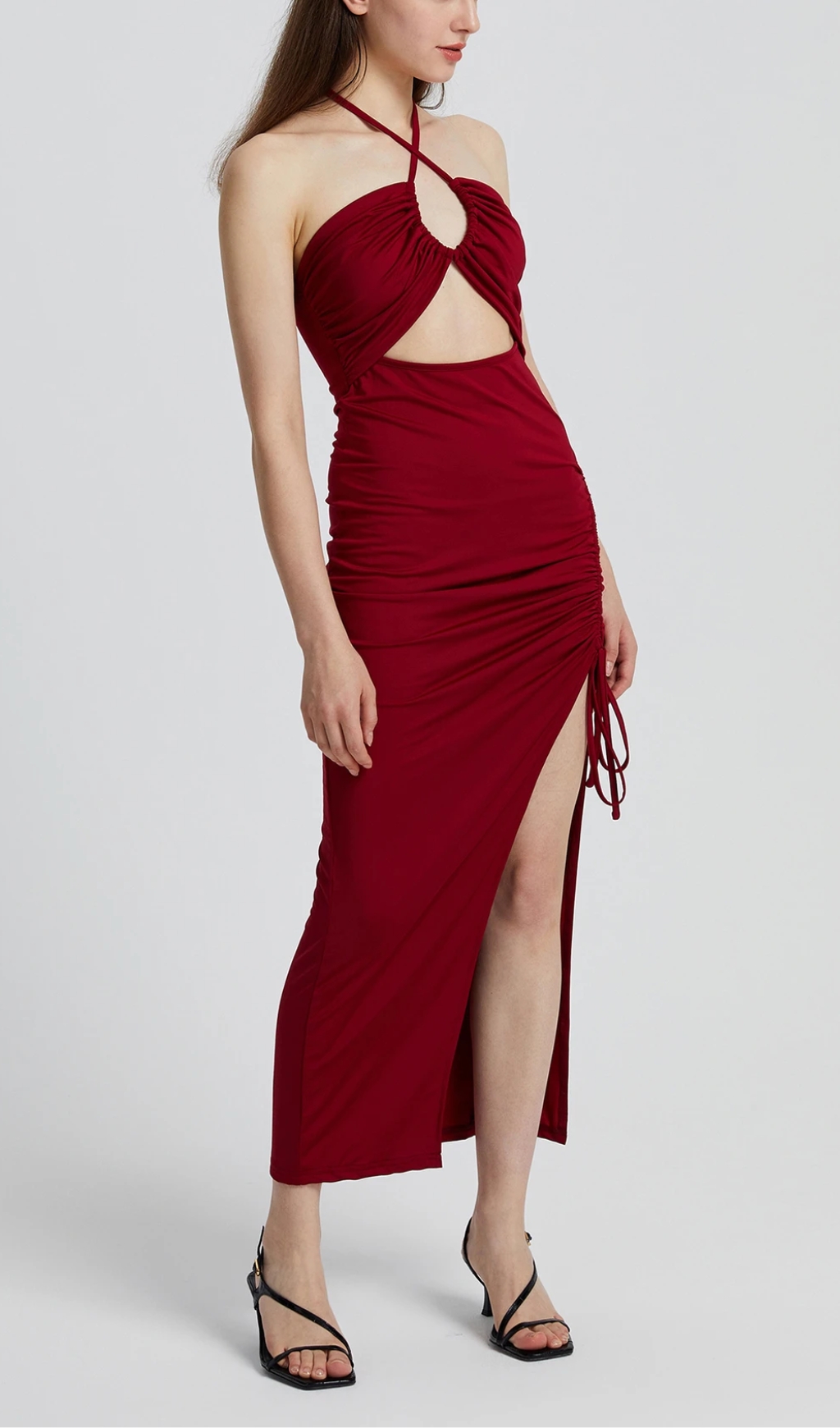 Cut Out Split Halter Dress in Burgundy