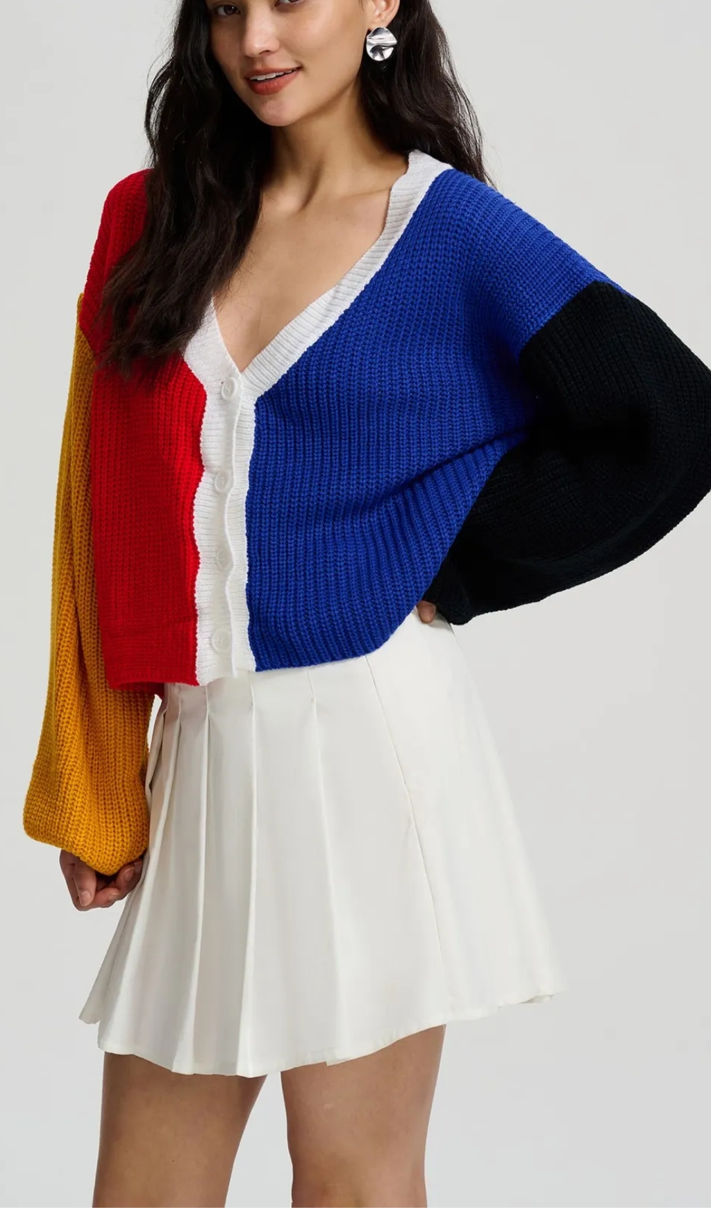 Buttoned Knit Cardigan in Blue-Red