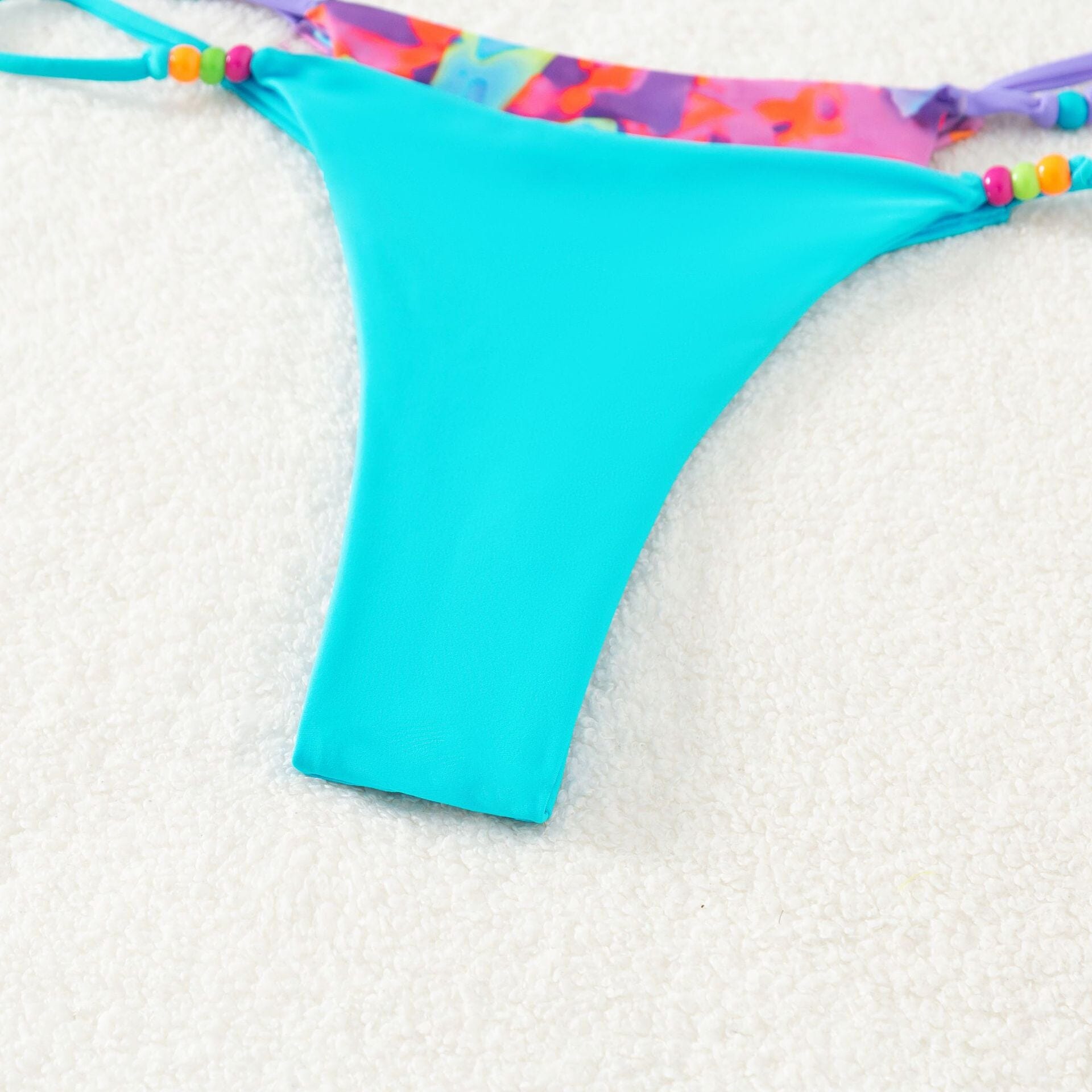 BEADED TRIANGLE THONG BIKINI SUIT IN BLUE