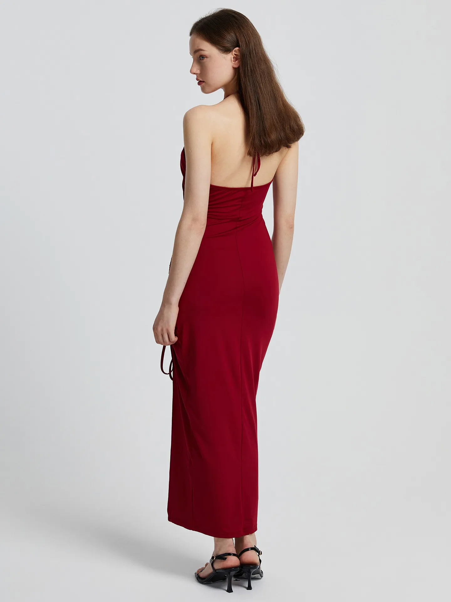 Cut Out Split Halter Dress in Burgundy