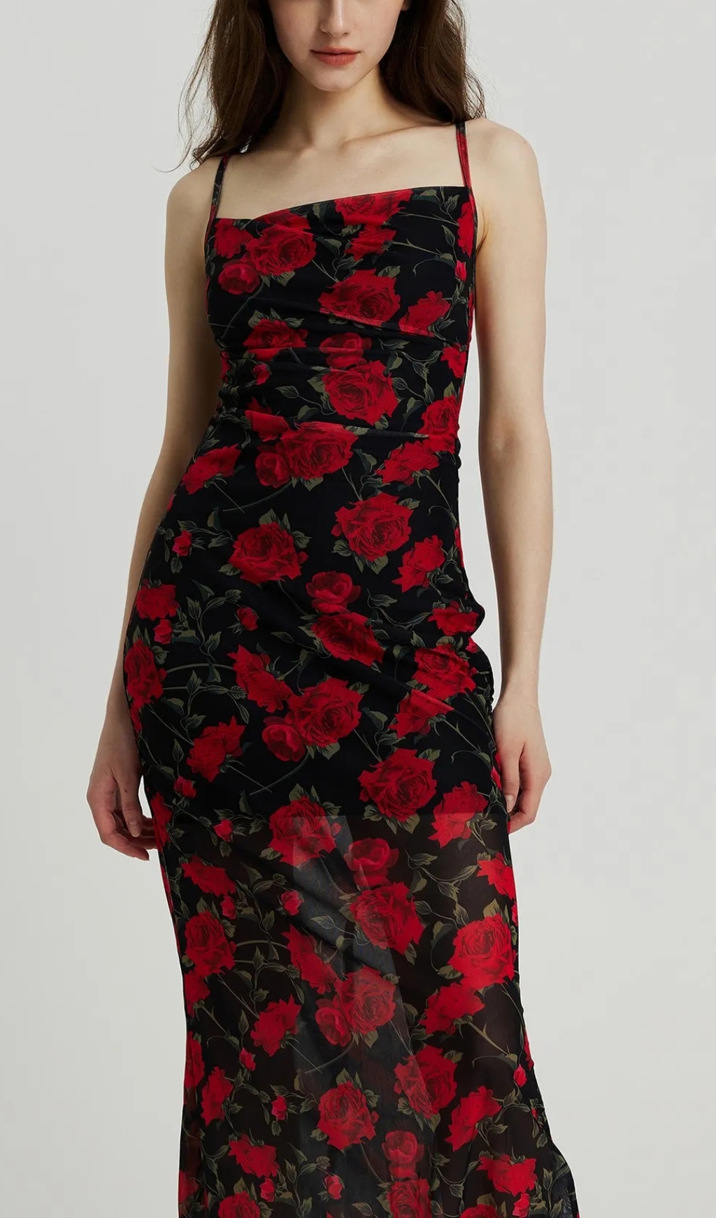 Long Gathered Sheer Cami Dress in Red