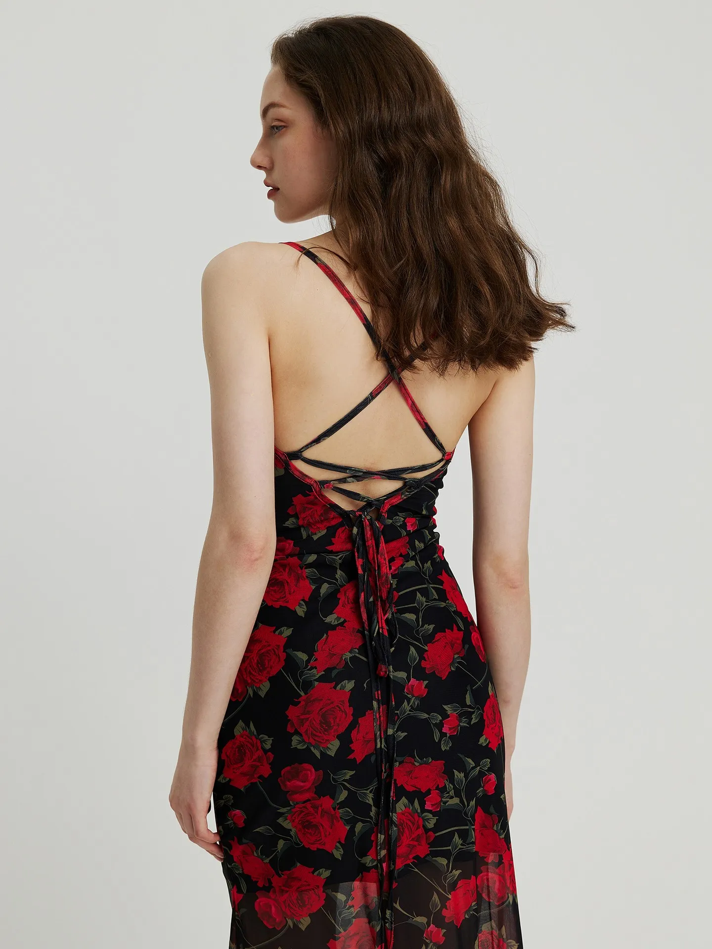 Long Gathered Sheer Cami Dress in Red