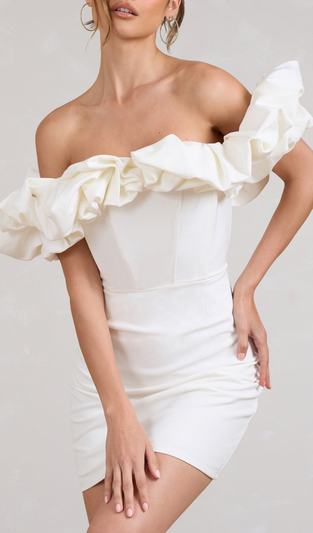 IVORY SATIN RUFFLE STRAPLESS DRESS