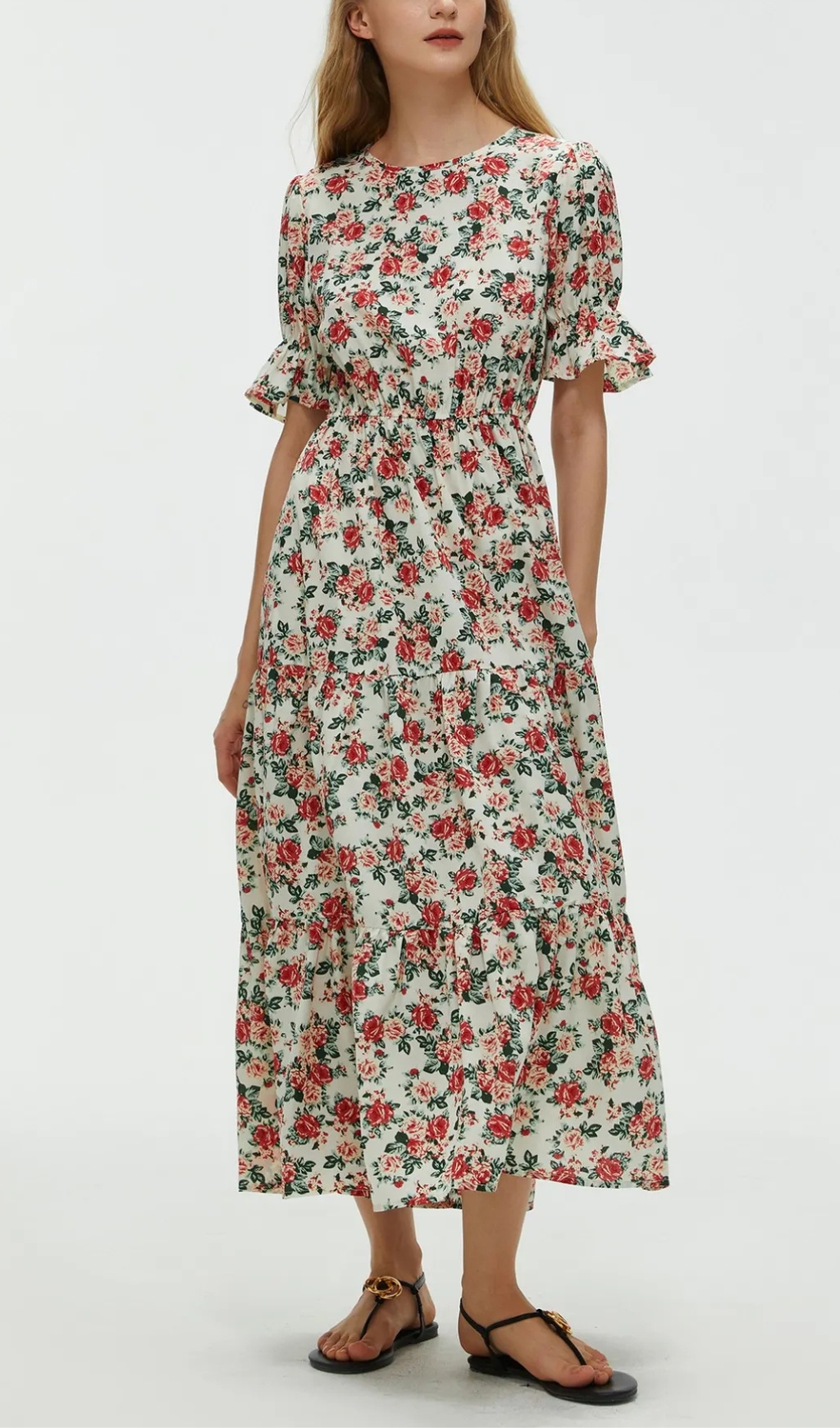 Floral Print Ruffled Long Dress in White-Red