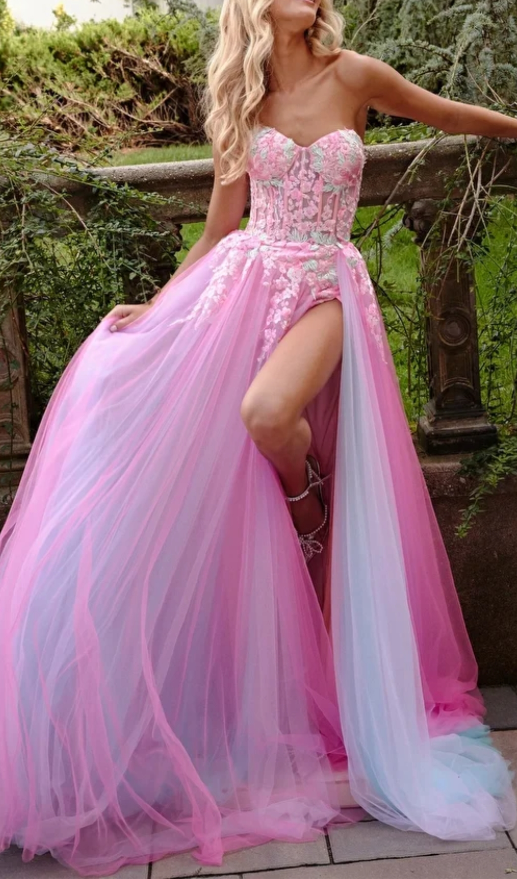 Pink Multi Strapless Embellished A Line Gown