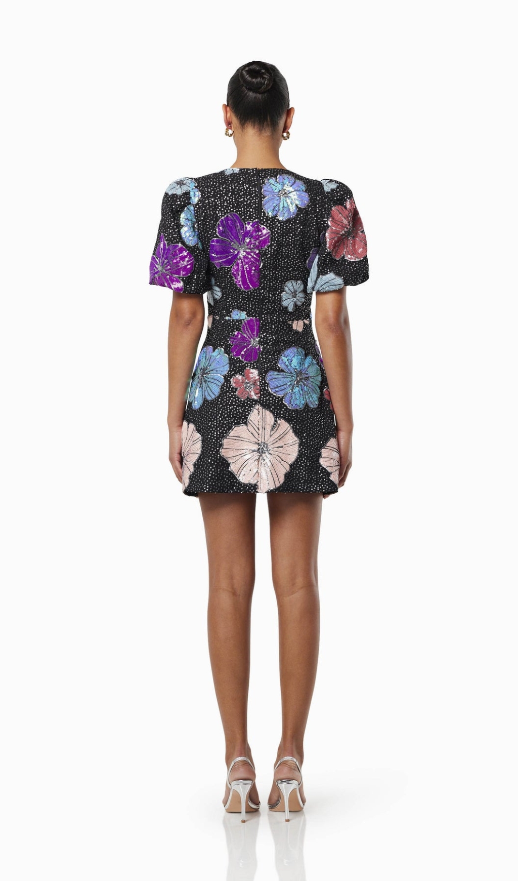 EMBELLISHED PUFF SLEEVE FLOWER MINI DRESS