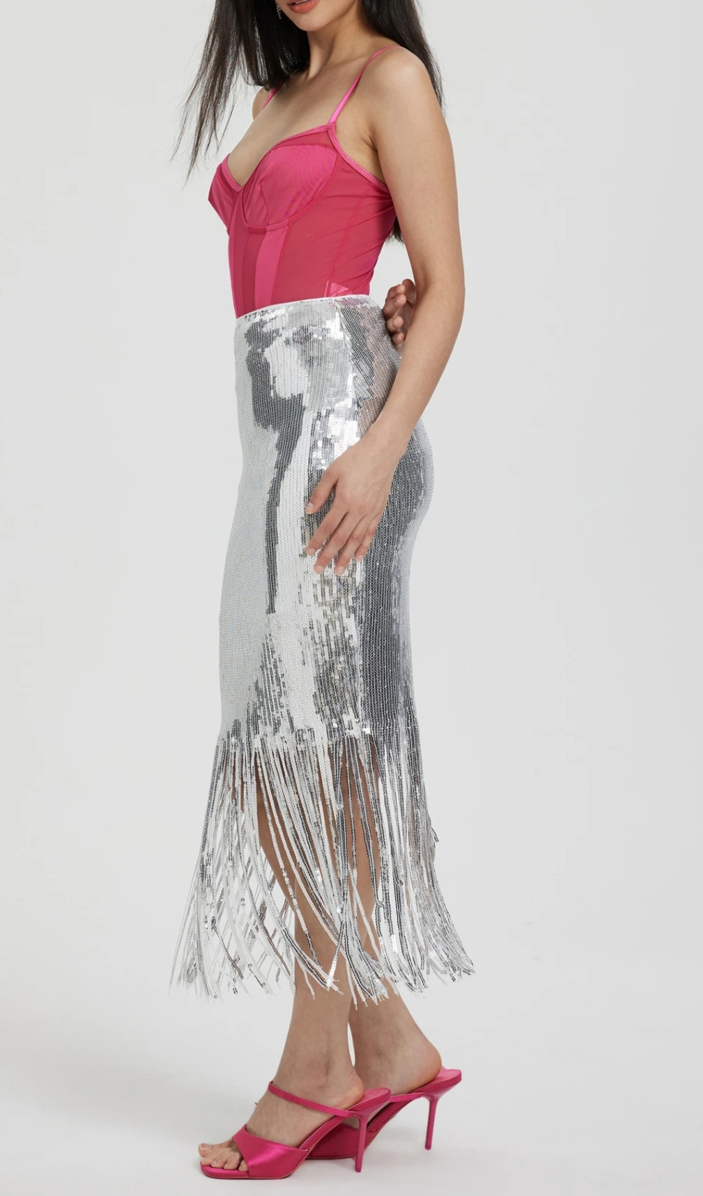 Fringed Pencil Skirt in silver