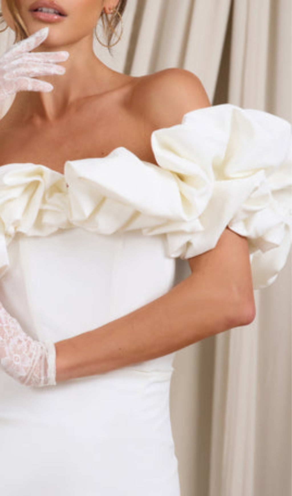 IVORY SATIN RUFFLE STRAPLESS DRESS