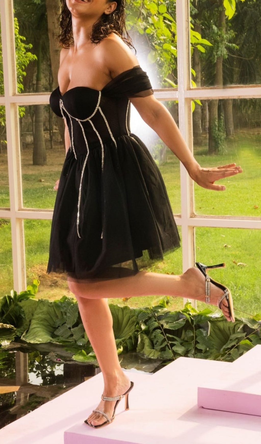 BLACK RHINESTONE EMBROIDERED CORSET DRESS