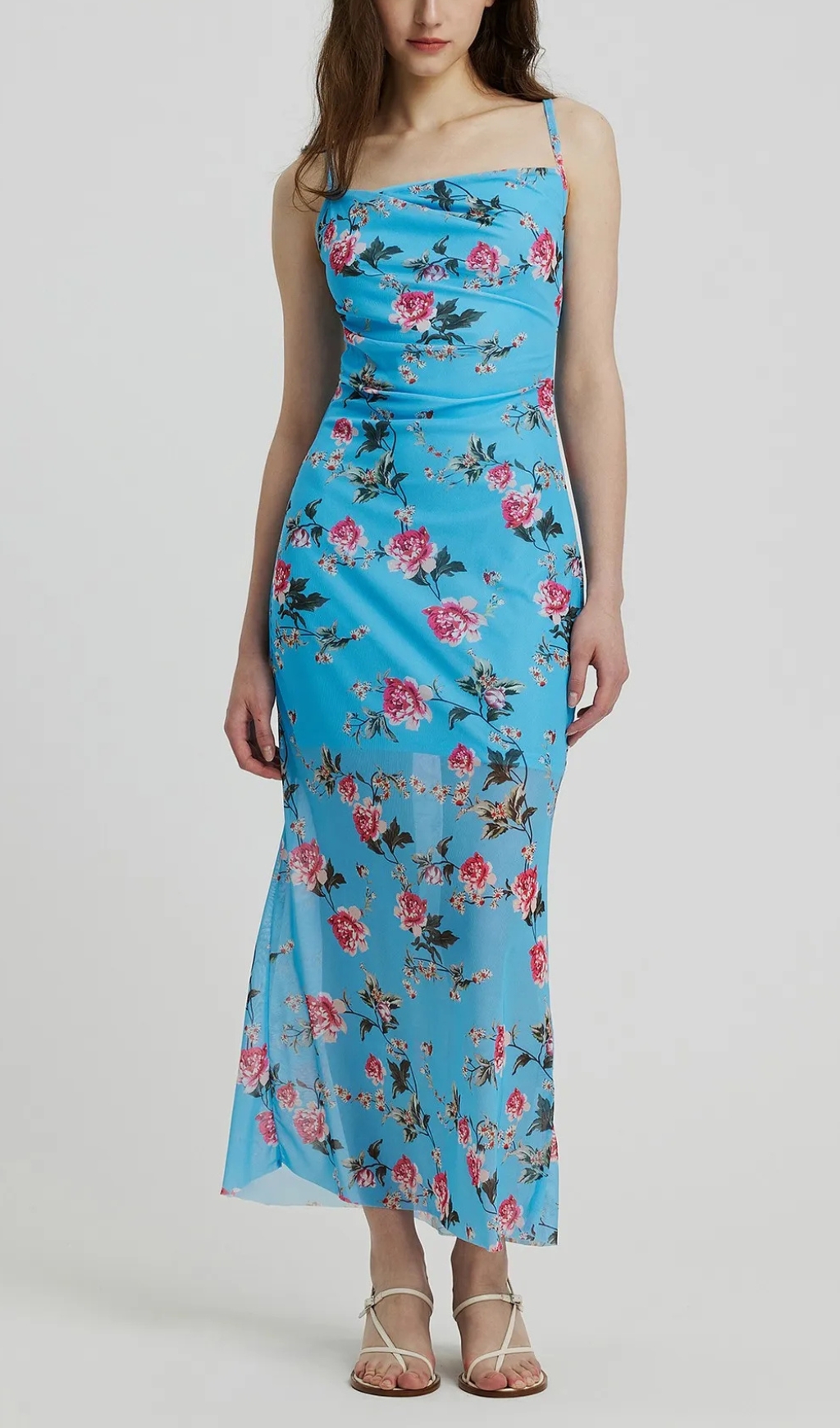 Long Gathered Sheer Cami Dress in Blue