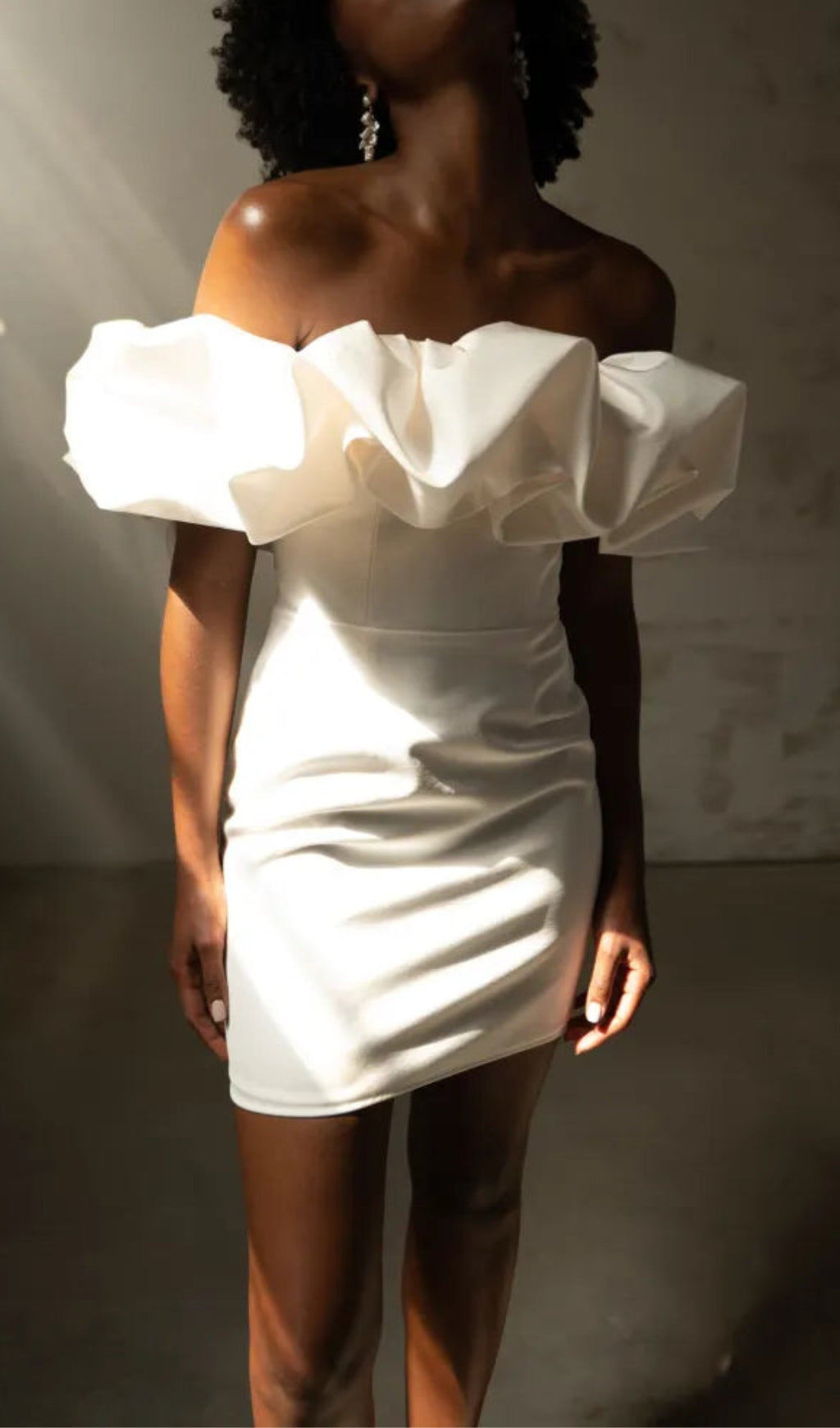 IVORY SATIN RUFFLE STRAPLESS DRESS