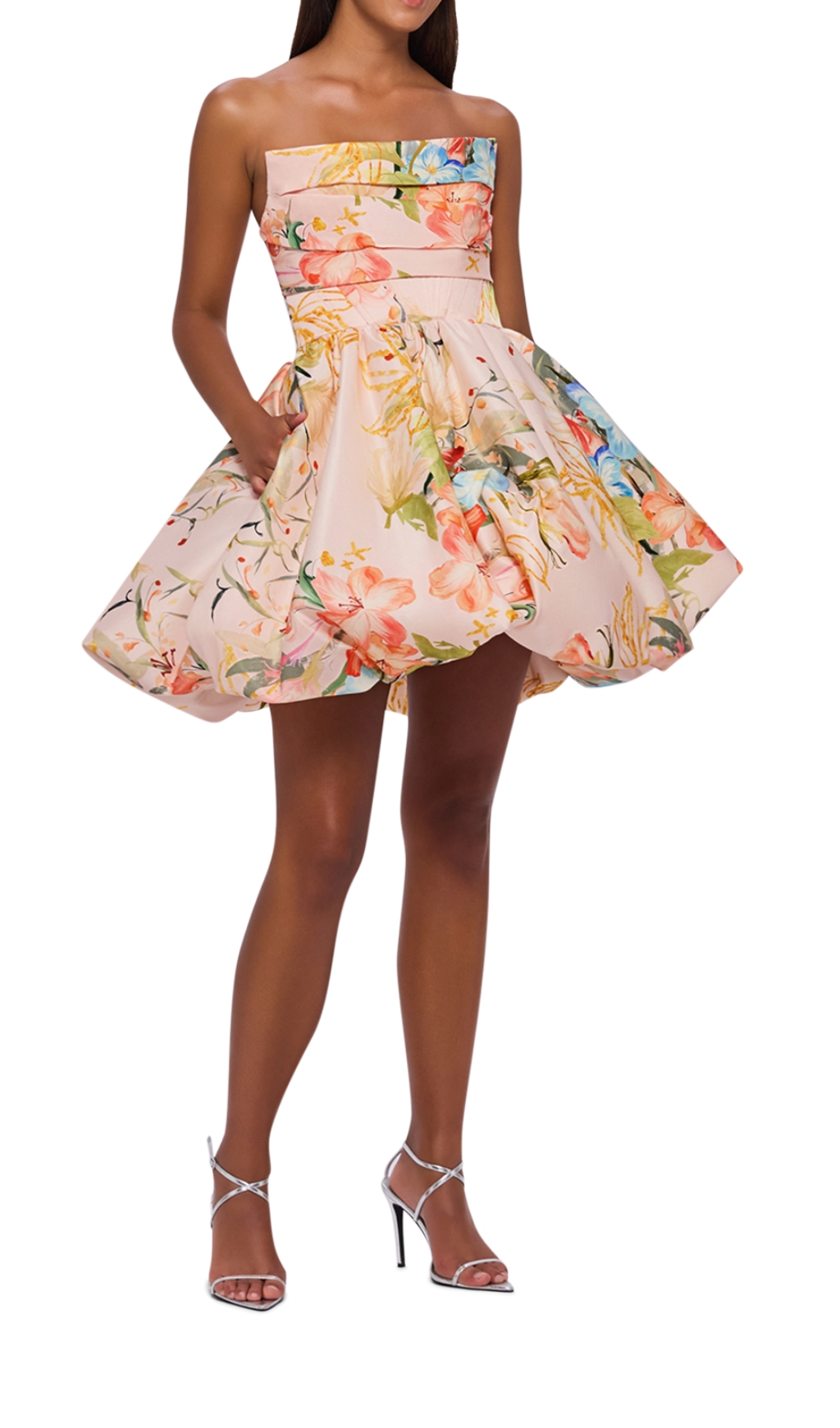 STRAPLESS FLOWER PRITED MINI DRESS