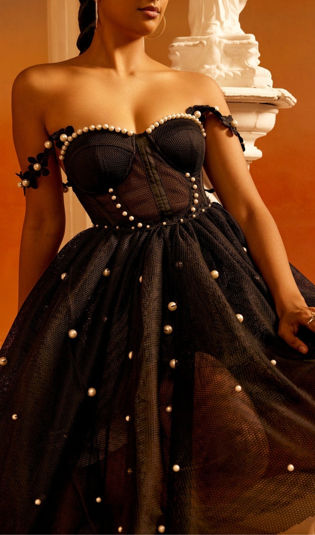 BLACK MESH + PEARL HAND EMBROIDERED BUSTIER DRESS