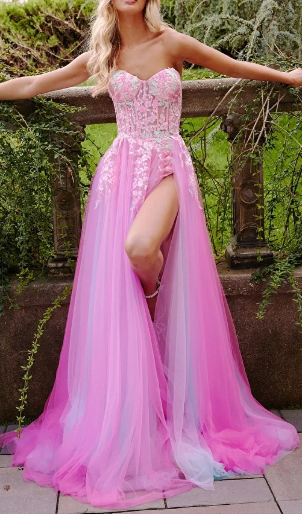 Pink Multi Strapless Embellished A Line Gown