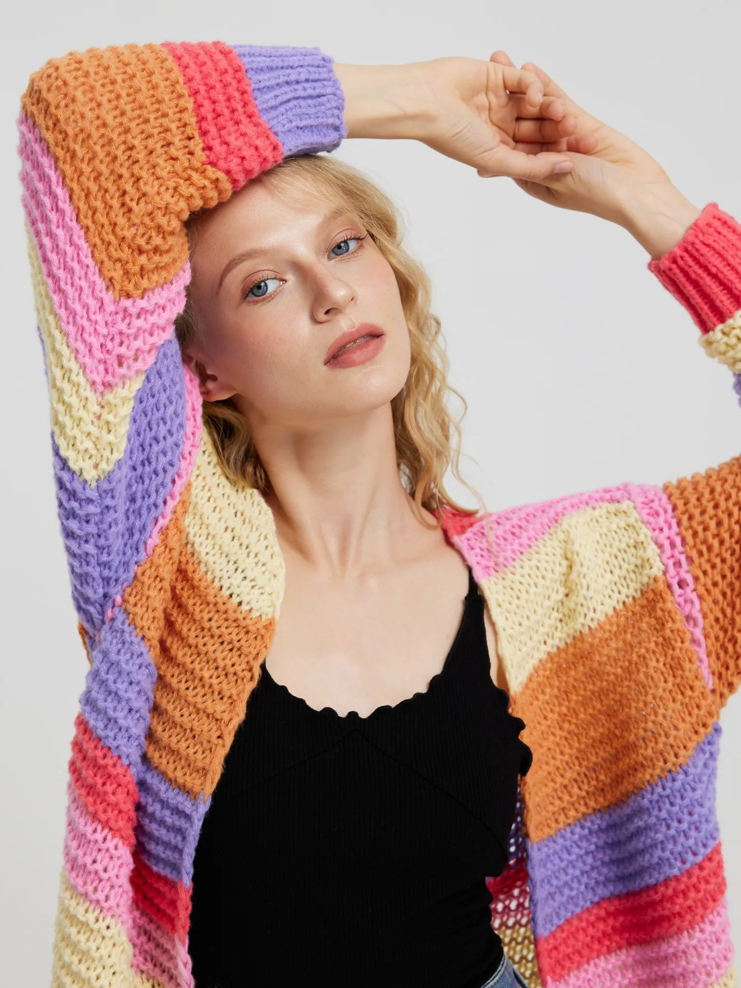 Rainbow Striped Crochet Cardigan in Multicolor