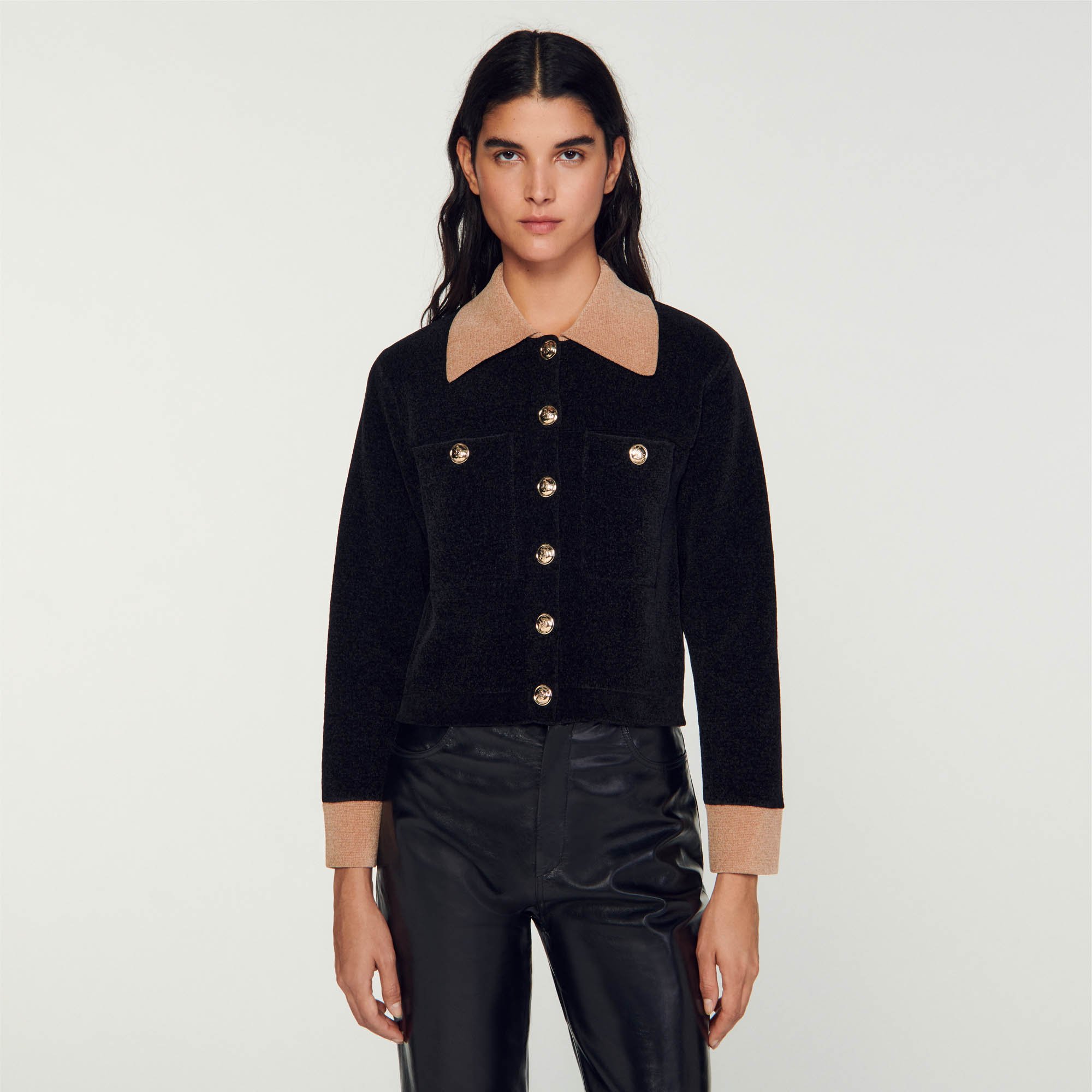 Cropped velour knit coatigan