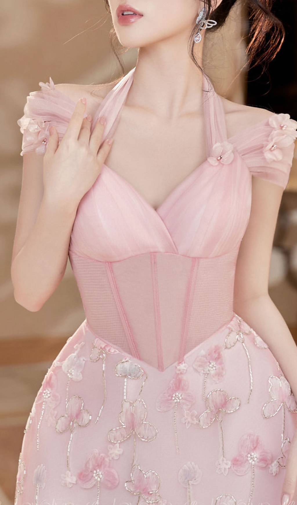 FLOWER JACQUARD HALTER MINI DRESS IN PINK