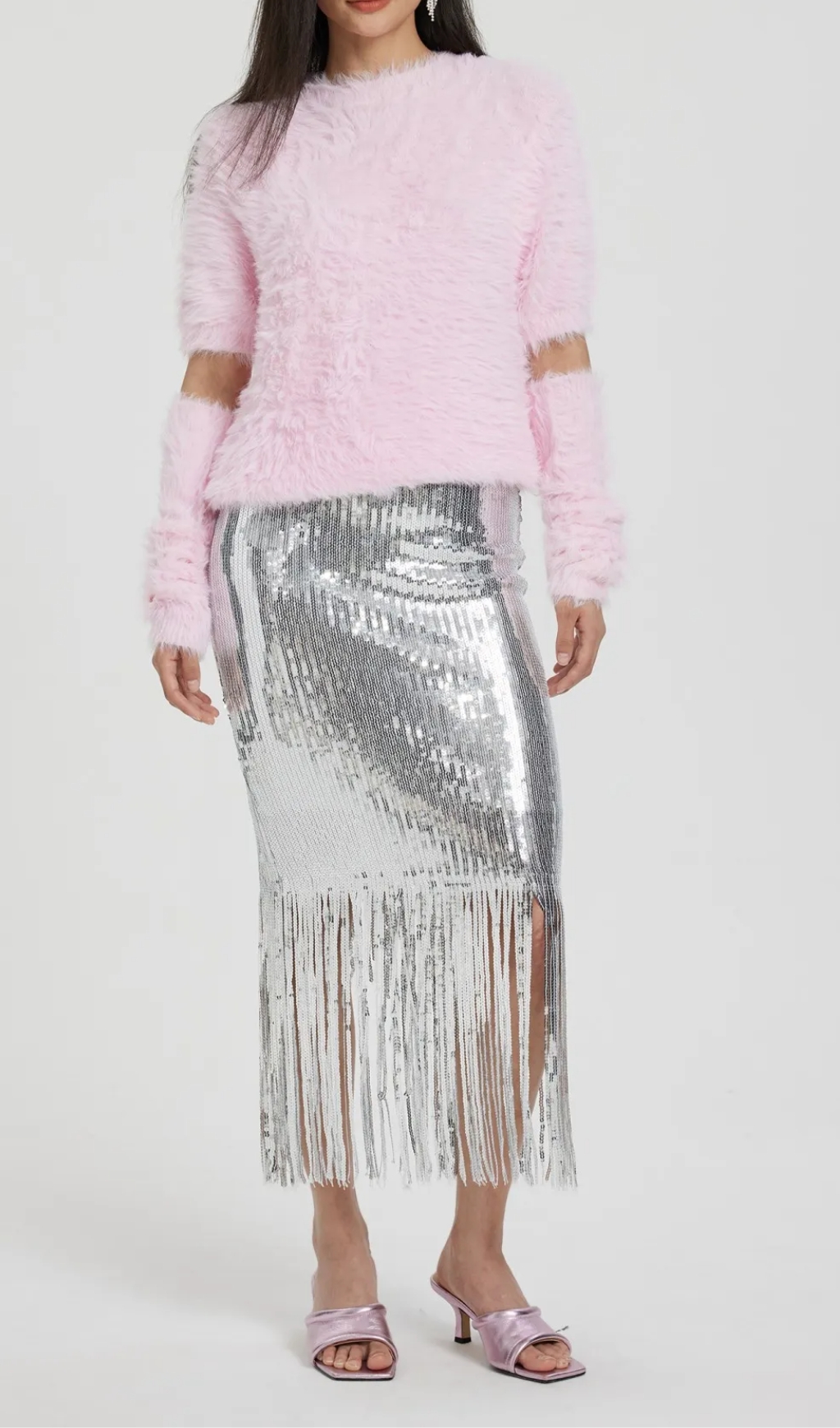 Fringed Pencil Skirt in silver