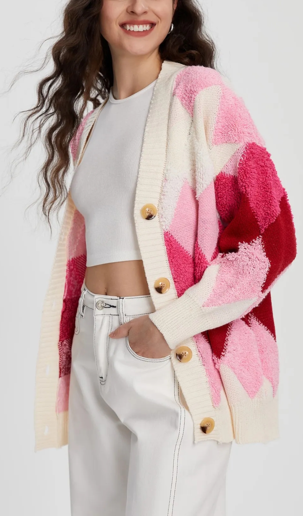 Color Block Knit Cardigan in Red