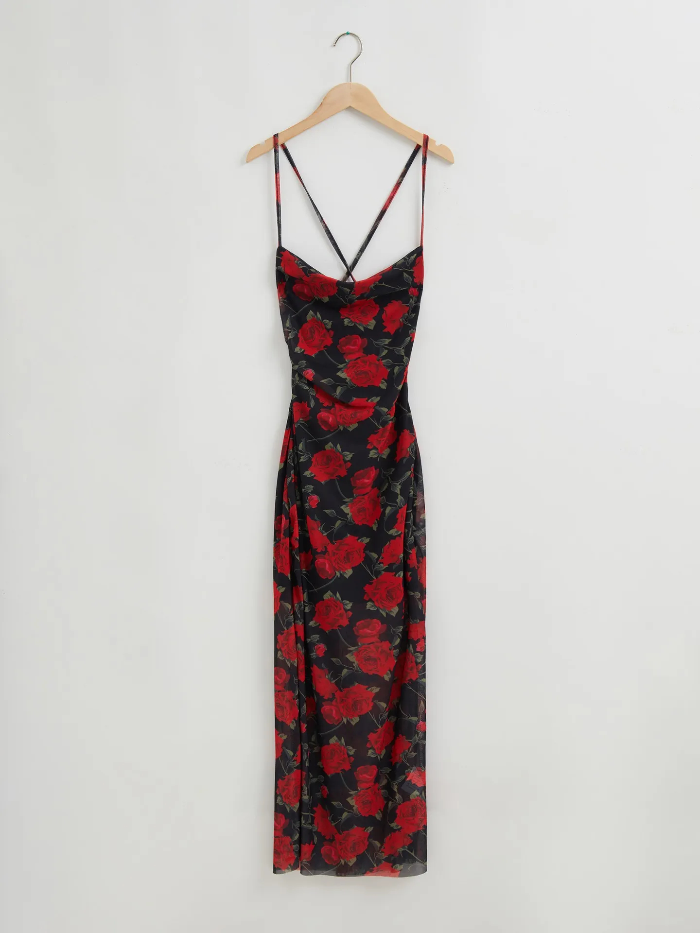 Long Gathered Sheer Cami Dress in Red