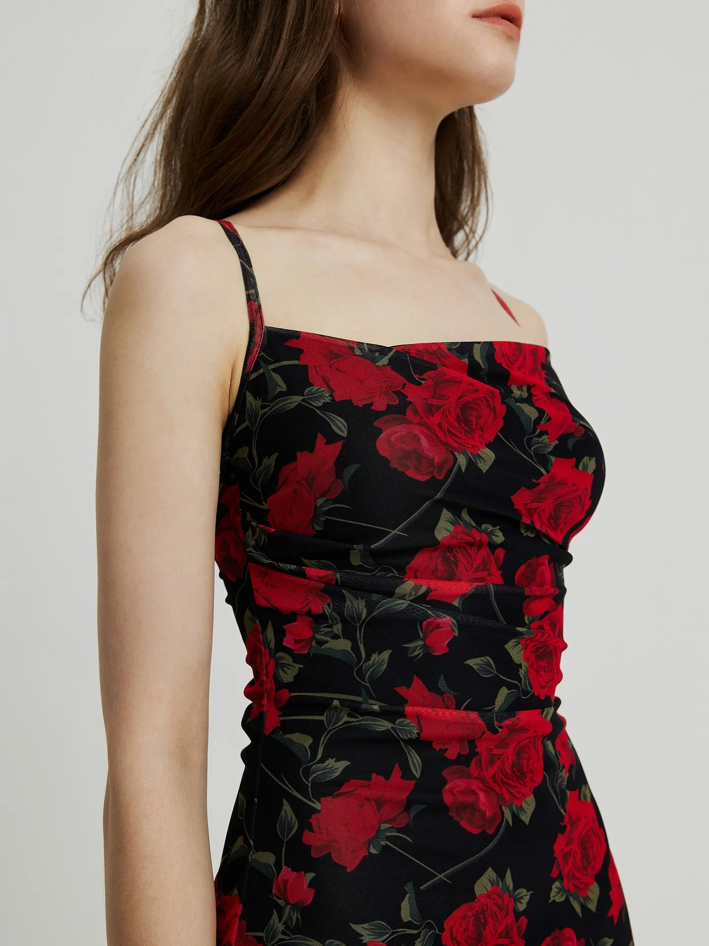 Long Gathered Sheer Cami Dress in Red