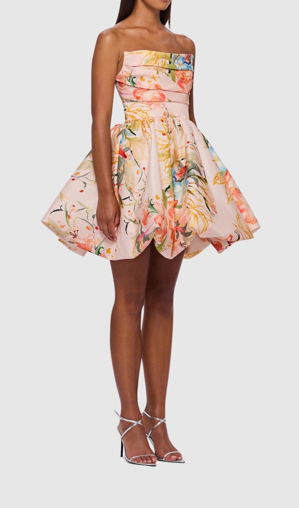 STRAPLESS FLOWER PRITED MINI DRESS