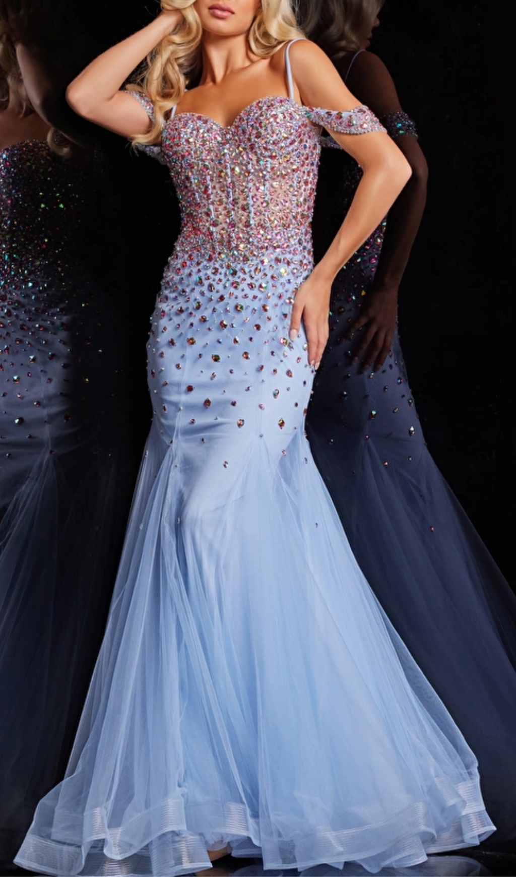 Light Blue Mermaid Long Beaded Dress