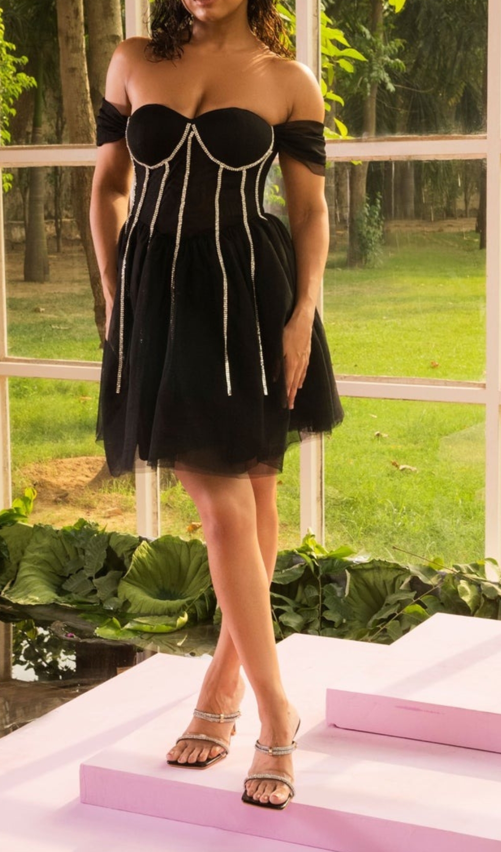 BLACK RHINESTONE EMBROIDERED CORSET DRESS