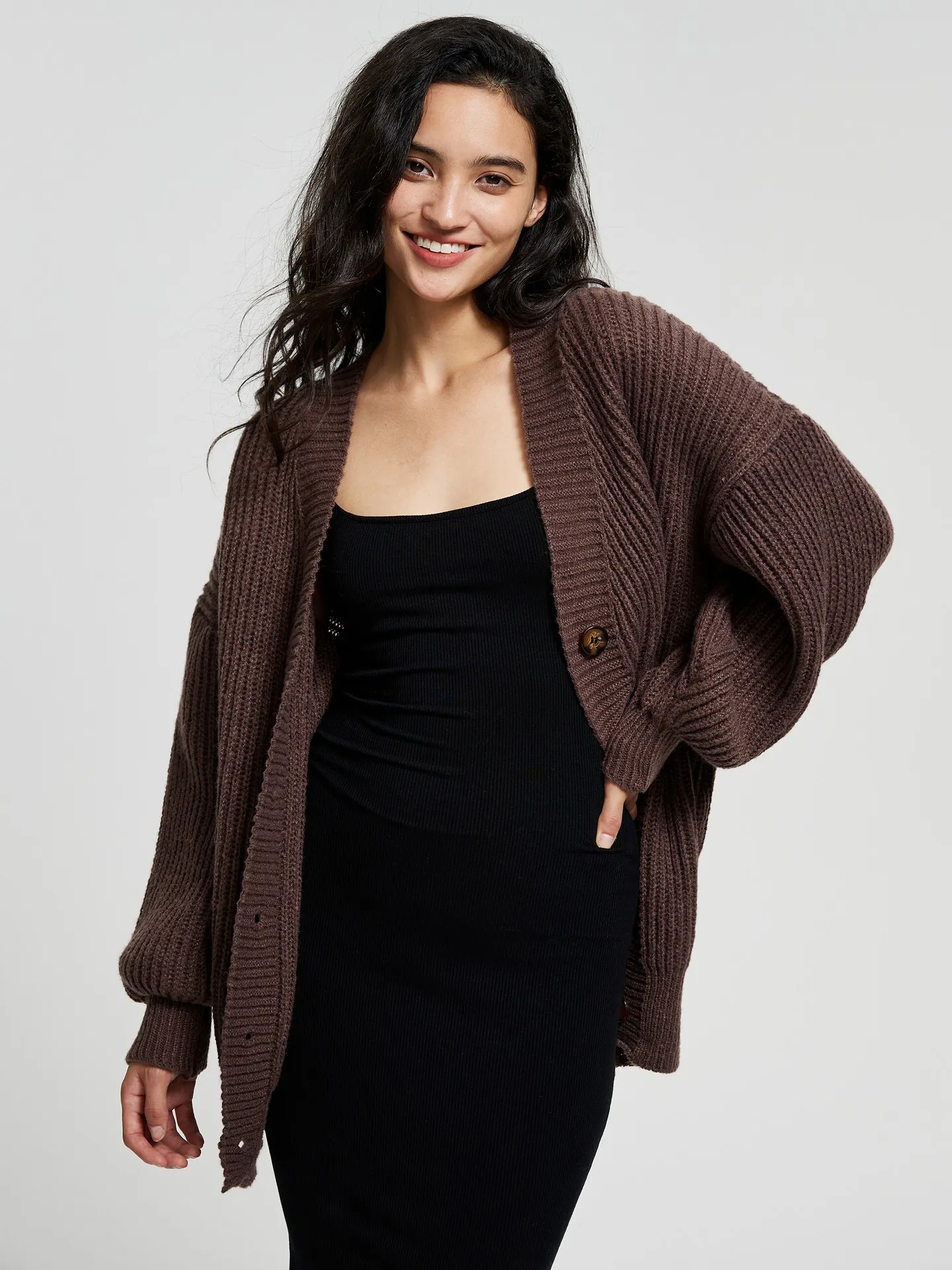 Buttoned Knit Cardigan IN Brown